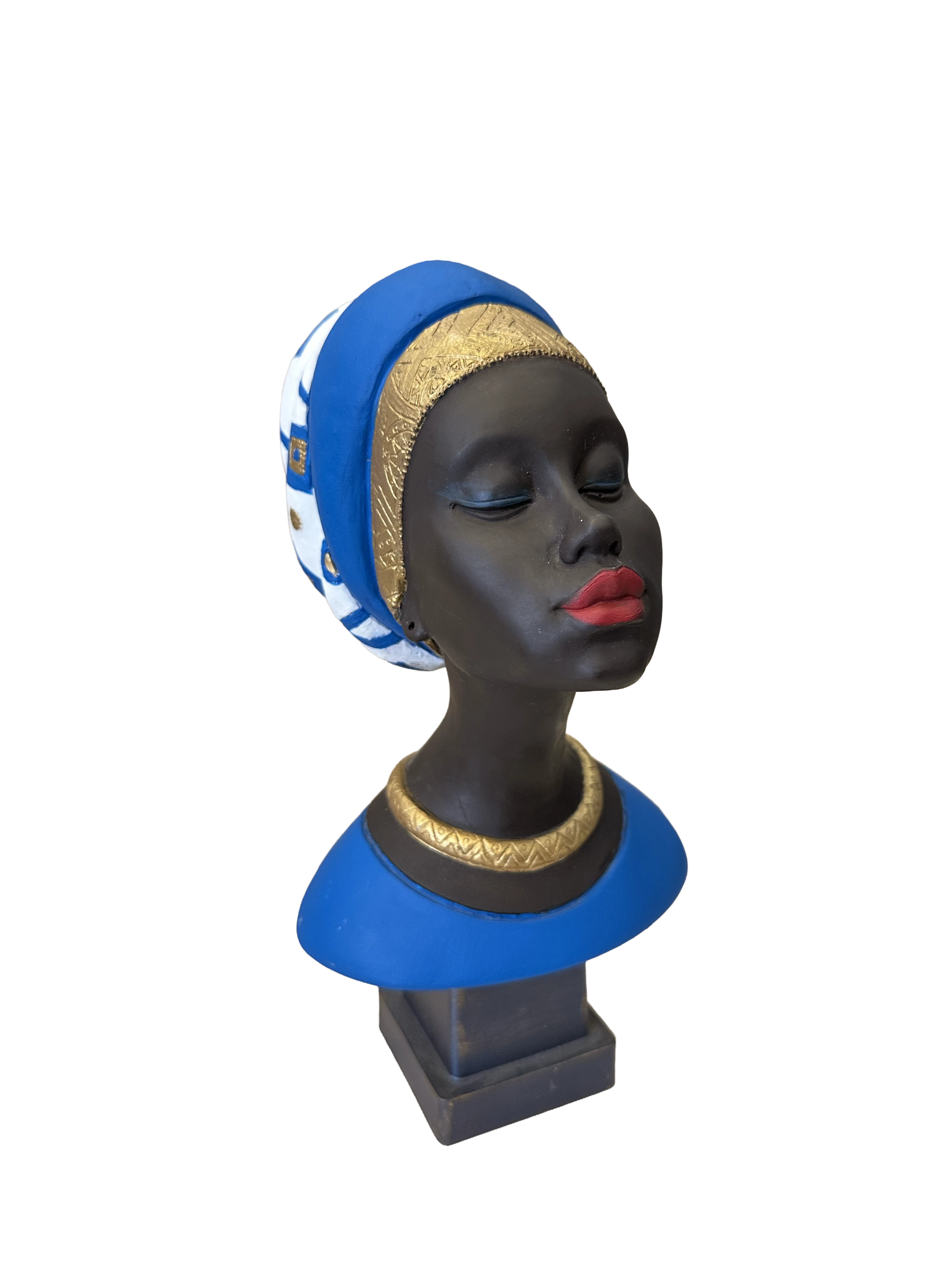 Etnik Şıklık: Mavi Türbanlı Altın Detaylı Afrikalı Kadın Büstü (23 cm)