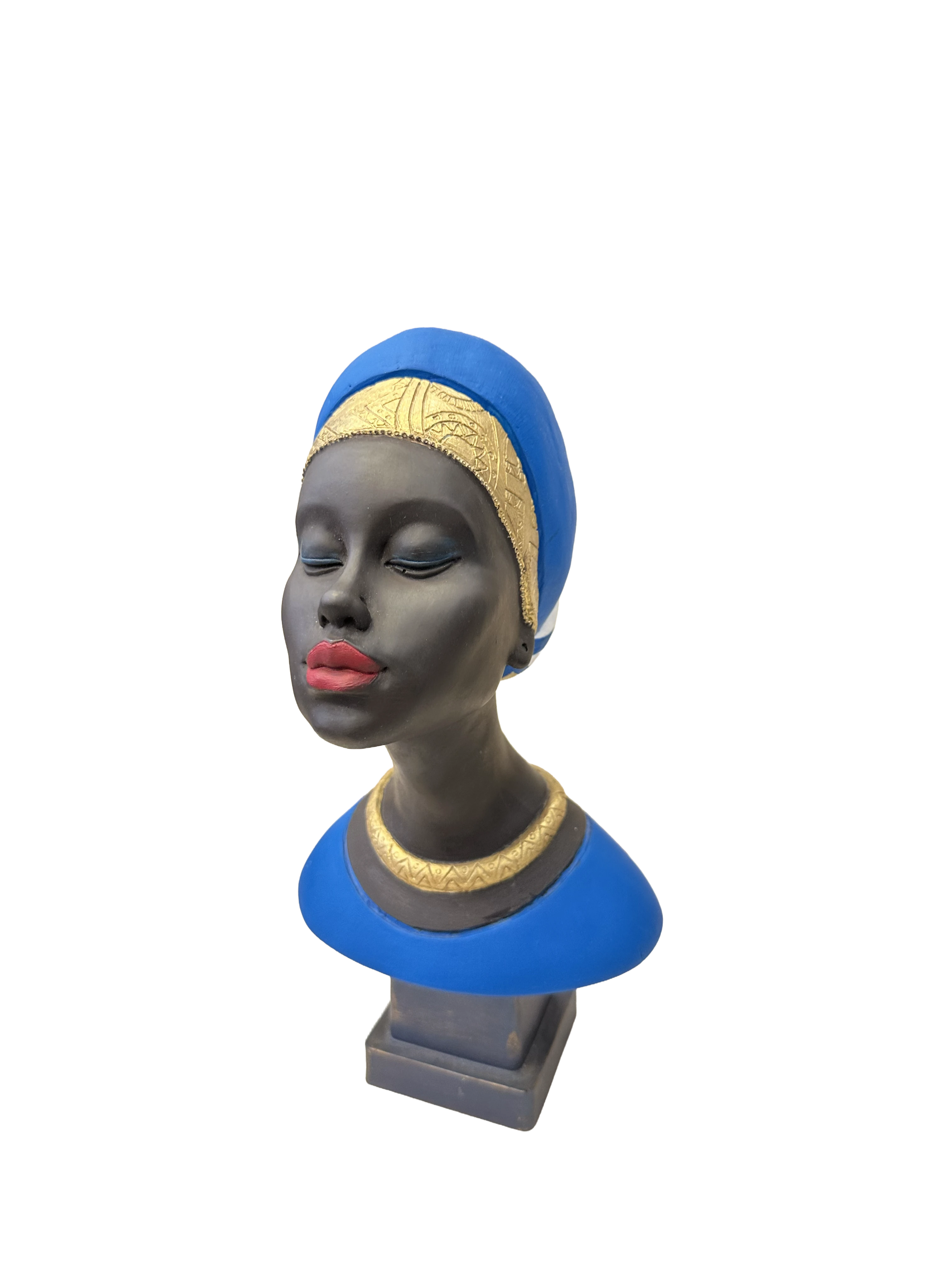 Etnik Şıklık: Mavi Türbanlı Altın Detaylı Afrikalı Kadın Büstü (23 cm)