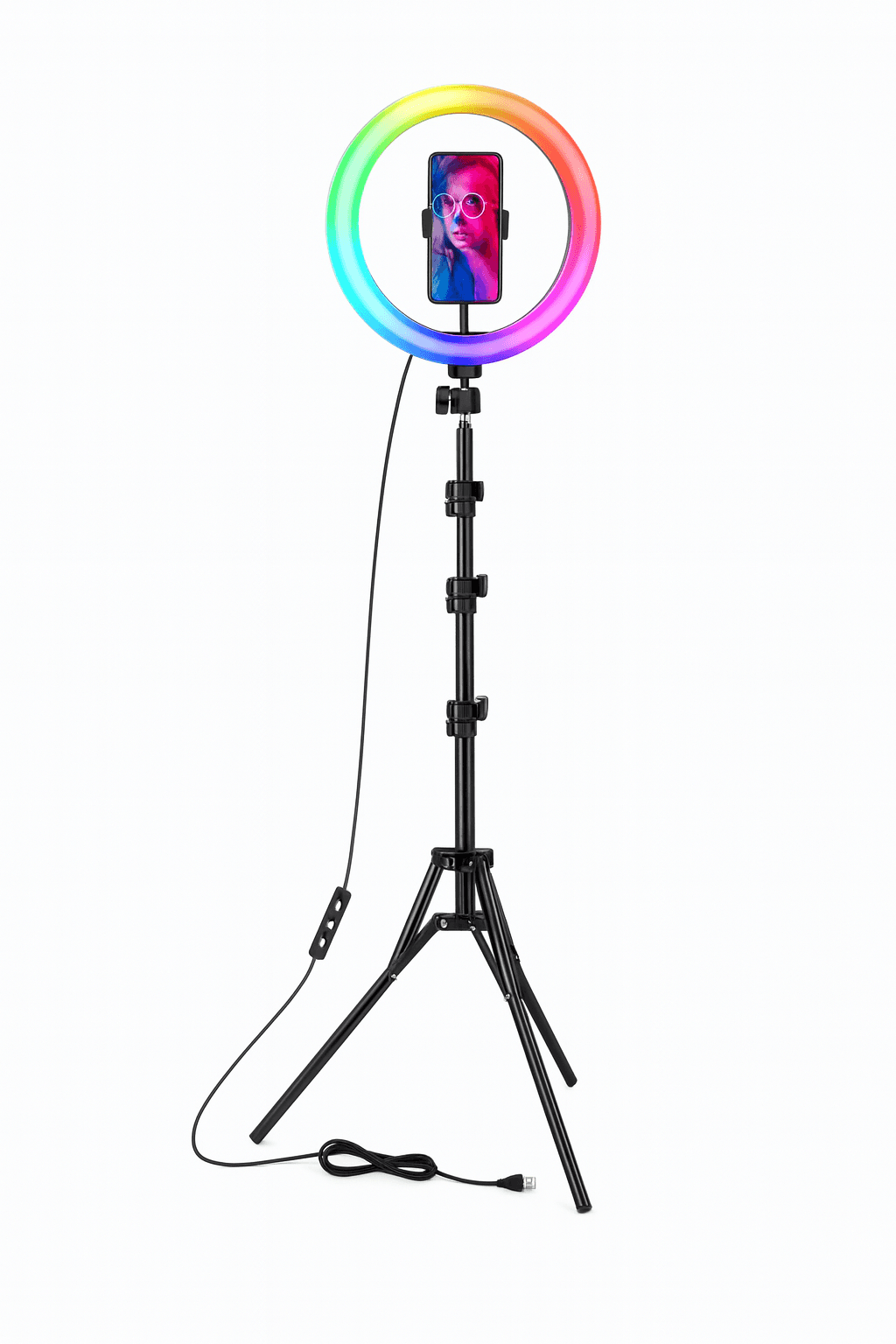 RGB 37 Renk Modlu 10 İNÇ (26 CM) Tripodlu Halka Işık – Bluetooth Kumandalı LED Ring Light | 210 cm Ayarlanabilir Tripod + Telefon Tutucu + USB Güç Girişi