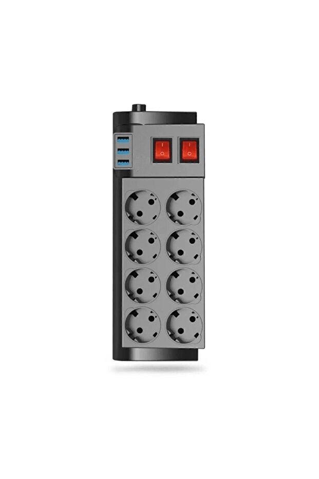 8’li Akım Korumalı Priz – 4 USB Girişli, Çift Anahtarlı, 2 Metre Kablo, 2500W Güçlü, Isıya Dayanıklı Çoklu Uzatma Kablosu
