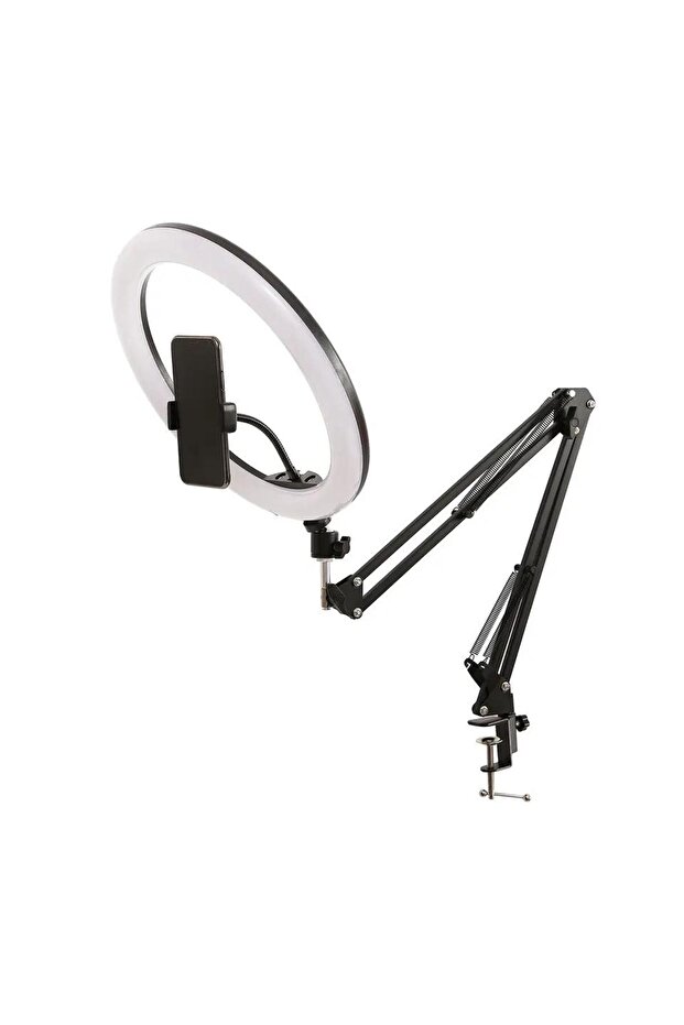 14 İNÇ (33 CM) Masa Üstü Ayarlanabilir Kollu Ring Light – 360° Döner Başlıklı, 3 Renk Işık Ayarlı, USB Girişli ve Telefon Tutuculu Profesyonel Led Halka Işık