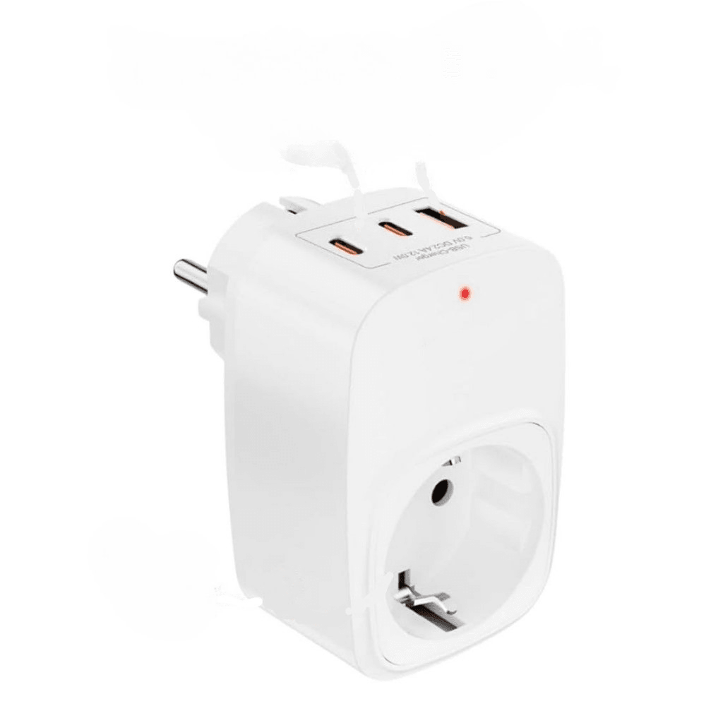 Duvar Tipi Akım Korumalı Priz | 1 Priz + 3 USB (2x USB-A + 1x Type-C) Hızlı Şarj Girişli Adaptör – Kompakt ve Güvenli Tasarım, Siyah