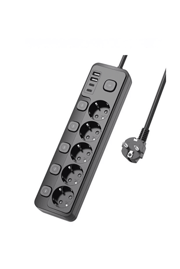 5 Priz + 4 USB (2x USB-A + 2x Type-C) Akım Korumalı 3680 W Uzatma Prizi | Bireysel Anahtarlı, 2 Metre Kablo, Enerji Tasarruflu Güvenli Priz
