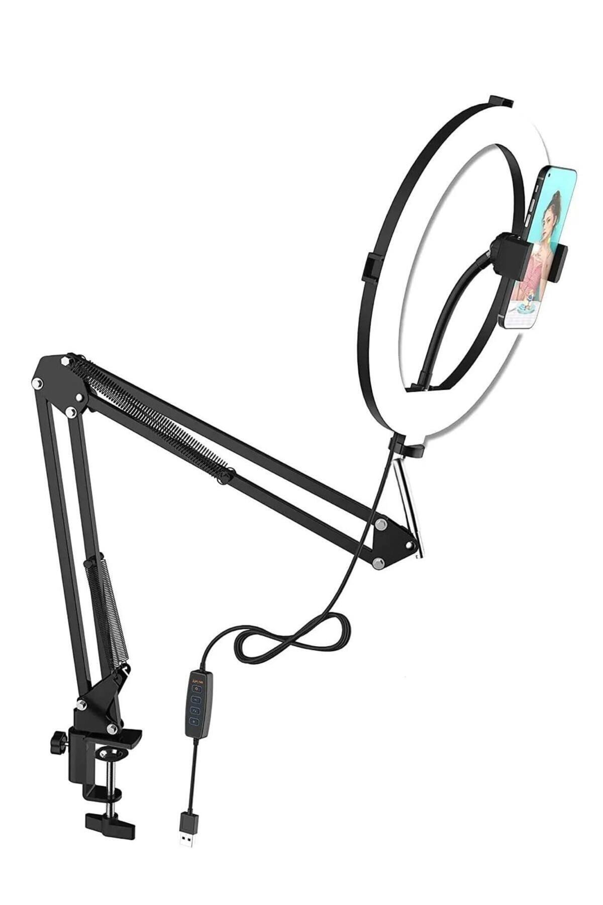 10 İNÇ (26 CM) Masa Üstü Ayarlanabilir Kollu Ring Light – 360° Döner Başlıklı, 3 Renk Işık Modlu, USB Güç Girişli Telefon Tutuculu Profesyonel Halka Işık