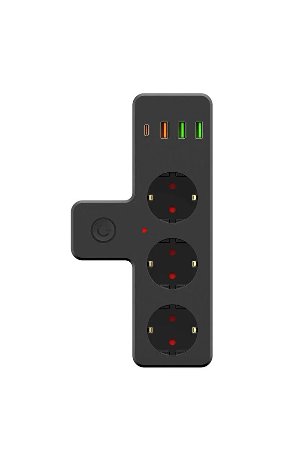 T Tipi Akım Korumalı 3’lü Priz – 1 Type-C + 3 USB Hızlı Şarj Girişli, 2500W Güç, Isıya Dayanıklı Güç Anahtarlı Uzatma Kablosu