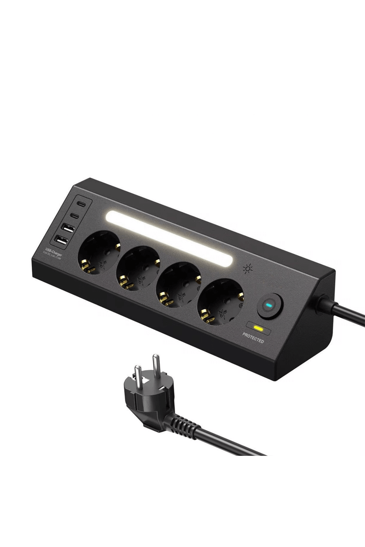 4 Priz + 4 USB (2x USB-A + 2x Type-C) Akım Korumalı 3680 W Uzatma Prizi | LED Işıklı, Aç/Kapa Anahtarlı, Güvenli Şarj Ünitesi 2 Metre Kablo