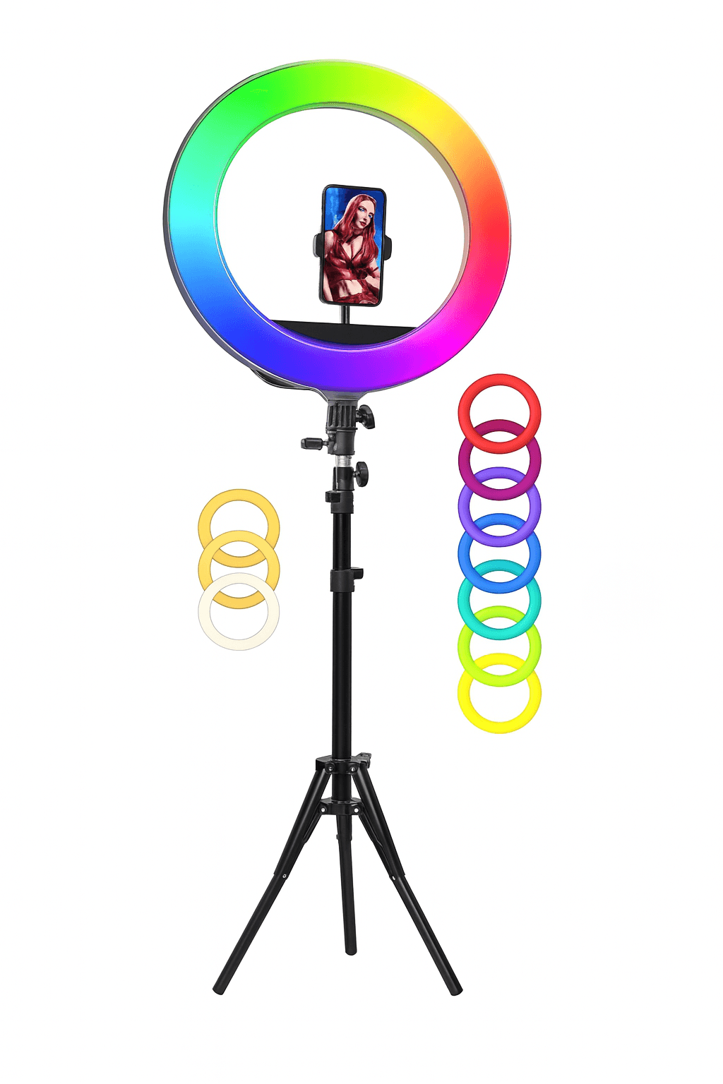 RGB Renkli 21 İNÇ (54 CM) Tripodlu 37 RENK MODLU Halka Işık – 70 W GÜÇ, Bluetooth Kumandalı, 3 Telefon Tutuculu, 16 Renk Modlu Profesyonel Ring Light