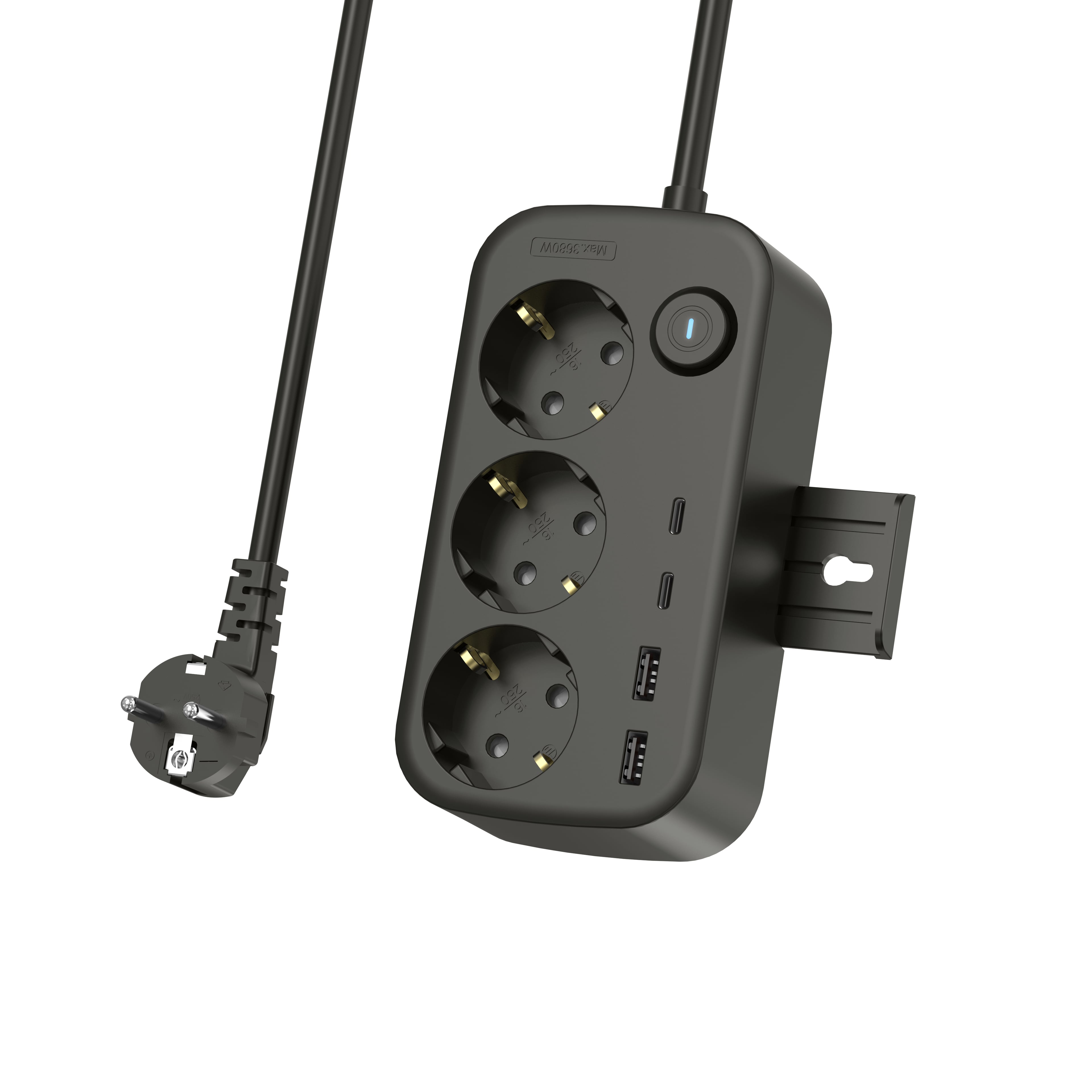 3 Priz + 2 USB + 2 Type-C Girişli Akım Korumalı Uzatma Prizi | Aç/Kapa Anahtarlı, Duvara Monte Edilebilir Akıllı Güç Ünitesi 2 Metre Kablolu