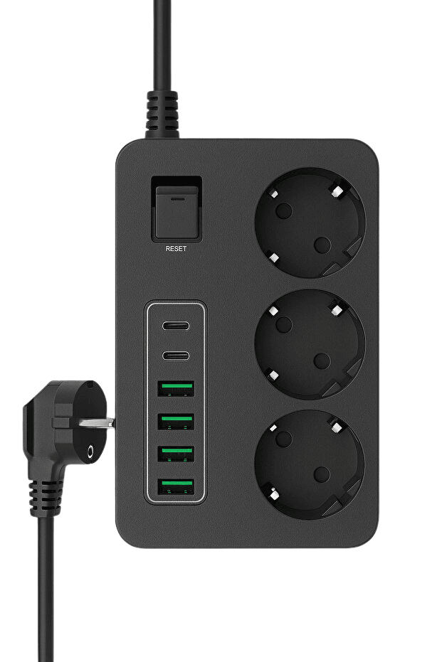 2 Metre Kablolu 3'lü Priz – 2 USB-C + 4 USB-A Hızlı Şarj Girişli, Akım Korumalı, Çocuk Güvenlikli, Güçlü Uzatma Kablosu