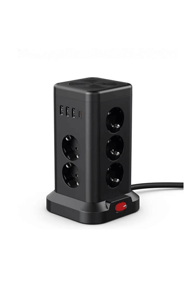Kule Tipi 11 Prizli Akım Korumalı Uzatma Prizi | 3x USB-A + 1x Type-C Hızlı Şarj Çıkışlı | Aç/Kapa Anahtarlı 3680 W Dikey Güç Dağıtıcı