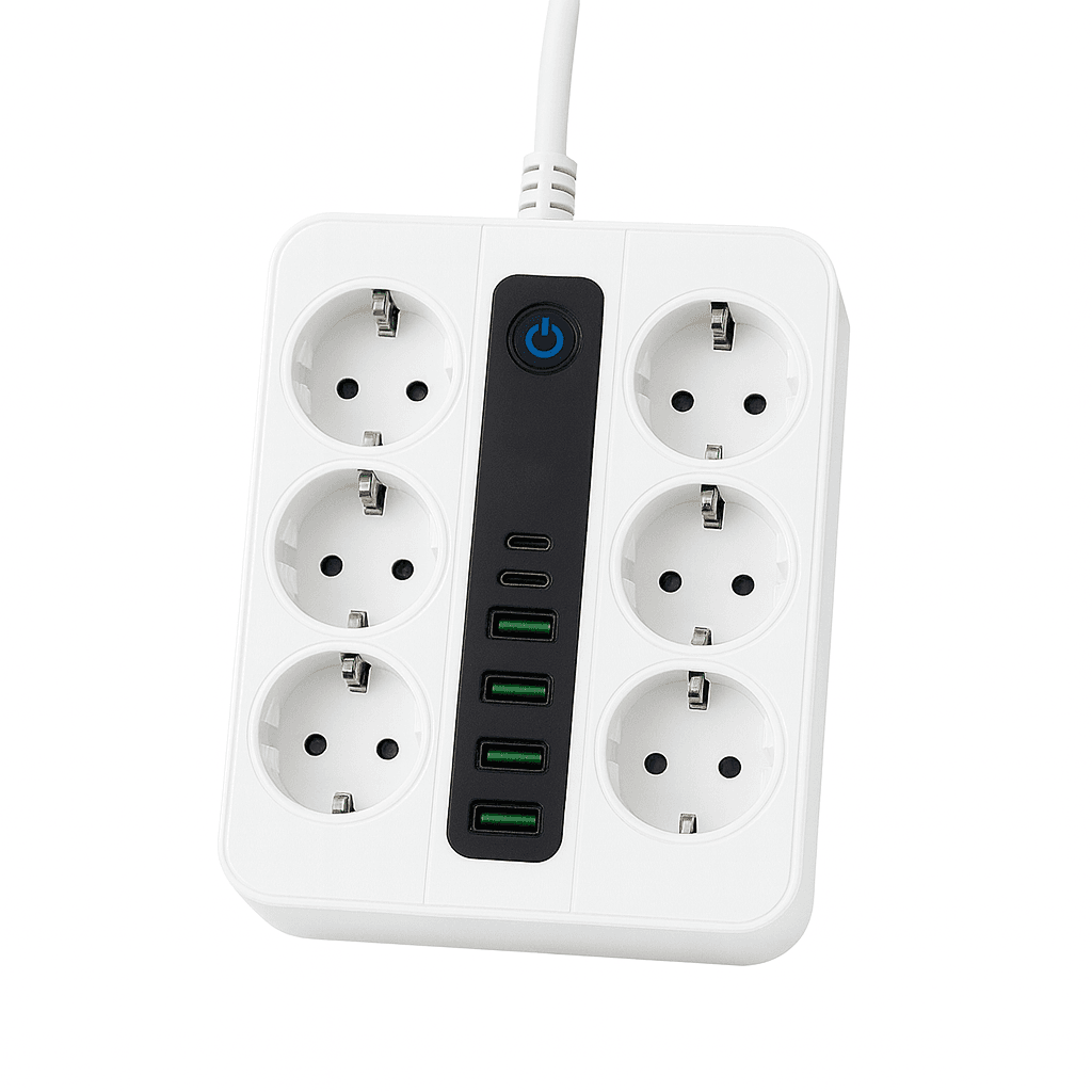 6 Priz + 4 USB Çıkışlı Akım Korumalı Akıllı Çoklu Priz | Anahtarlı – Hızlı Şarj Destekli – Beyaz