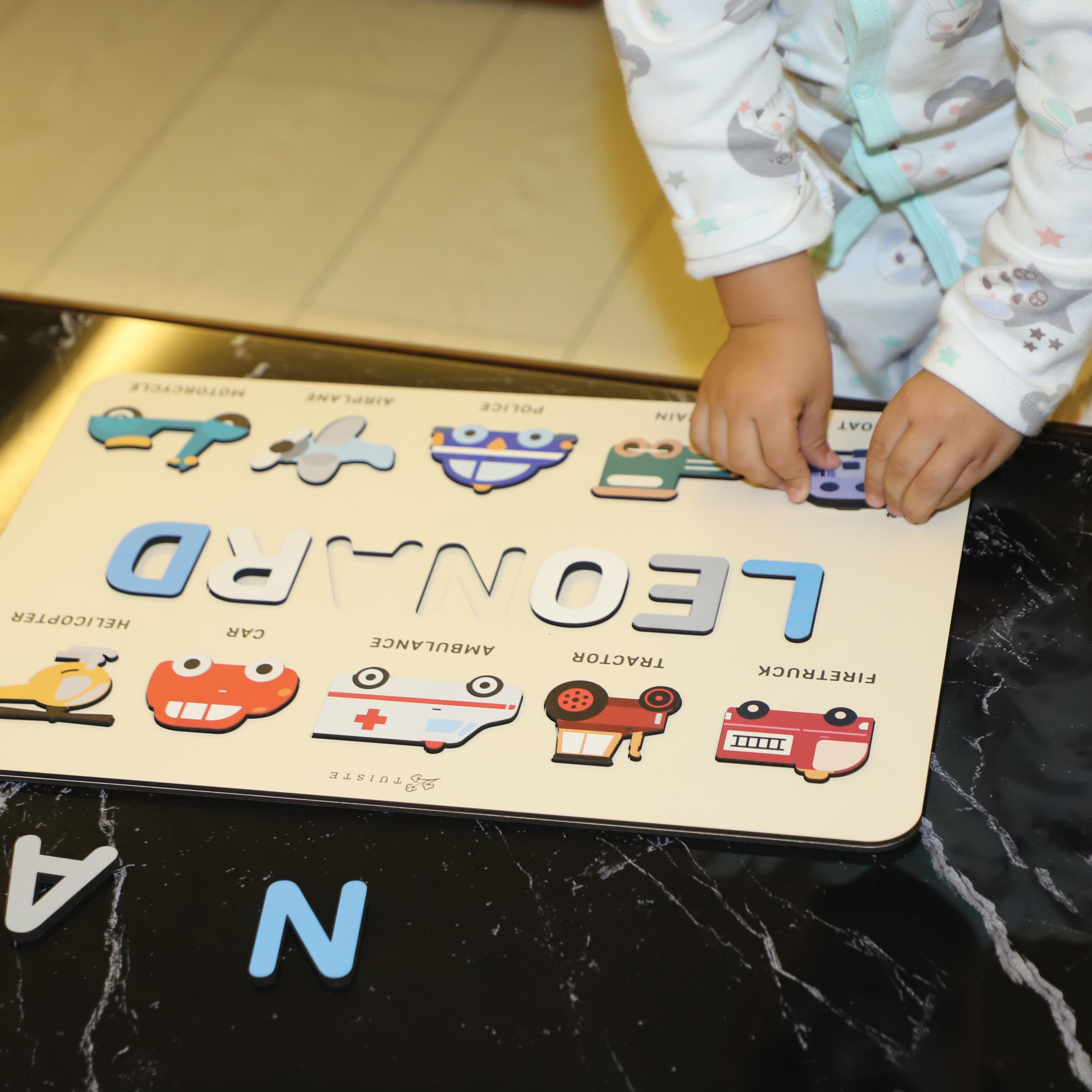 Personalized Gift Name Puzzle, Baby Boy Gift, Nursery Decor, Vehicles