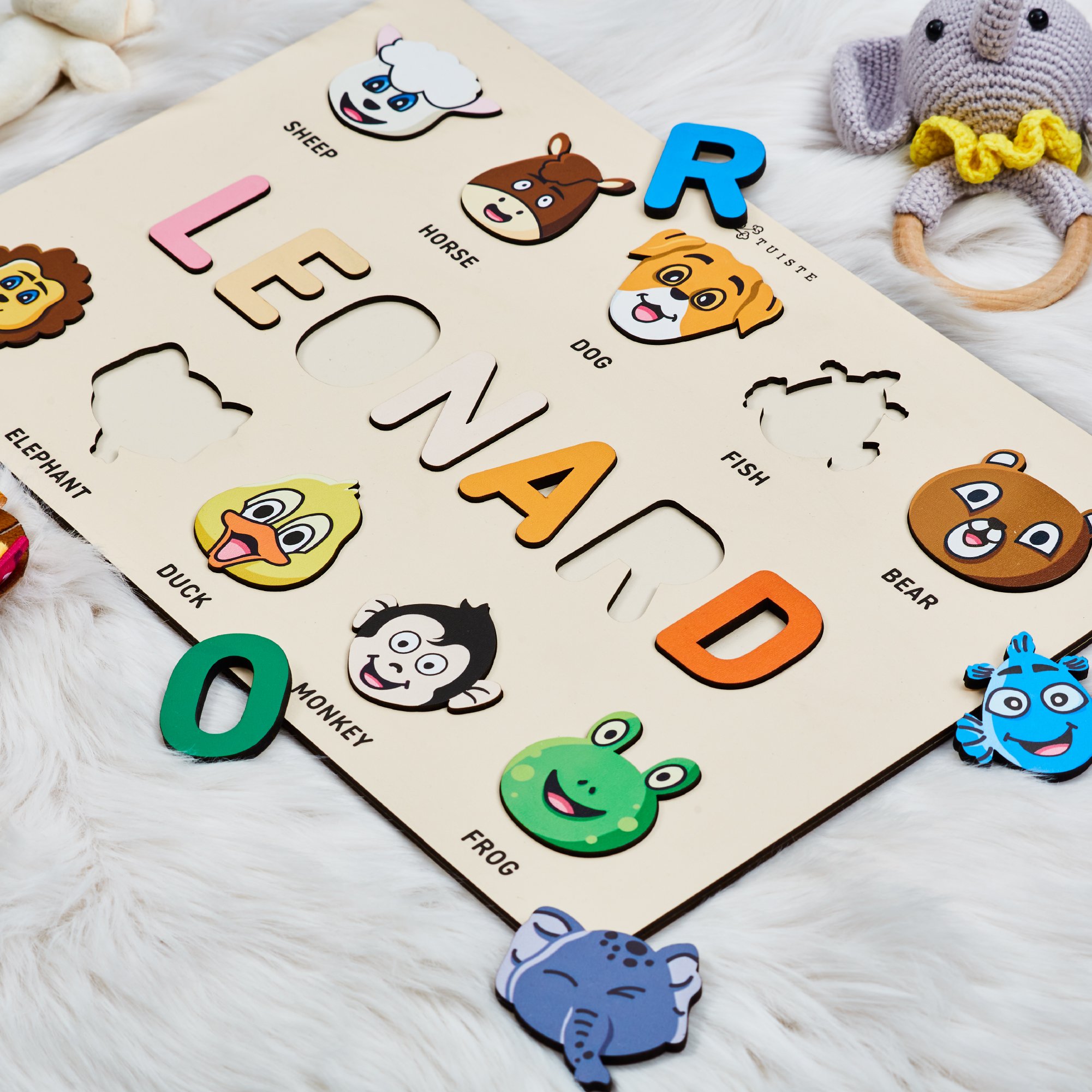 Personalized Wooden Baby Name Puzzle, First Birhtday Gift, Animals