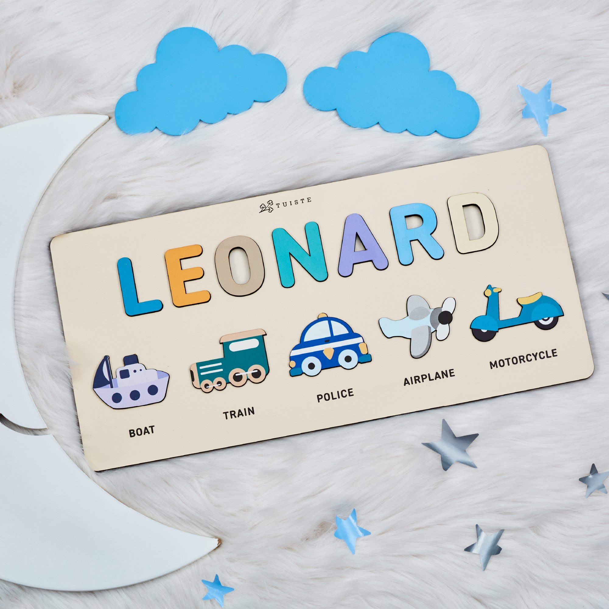 Personalized Busy Board, Baby Shower, Montessori Wooden Puzzle, Vehicles