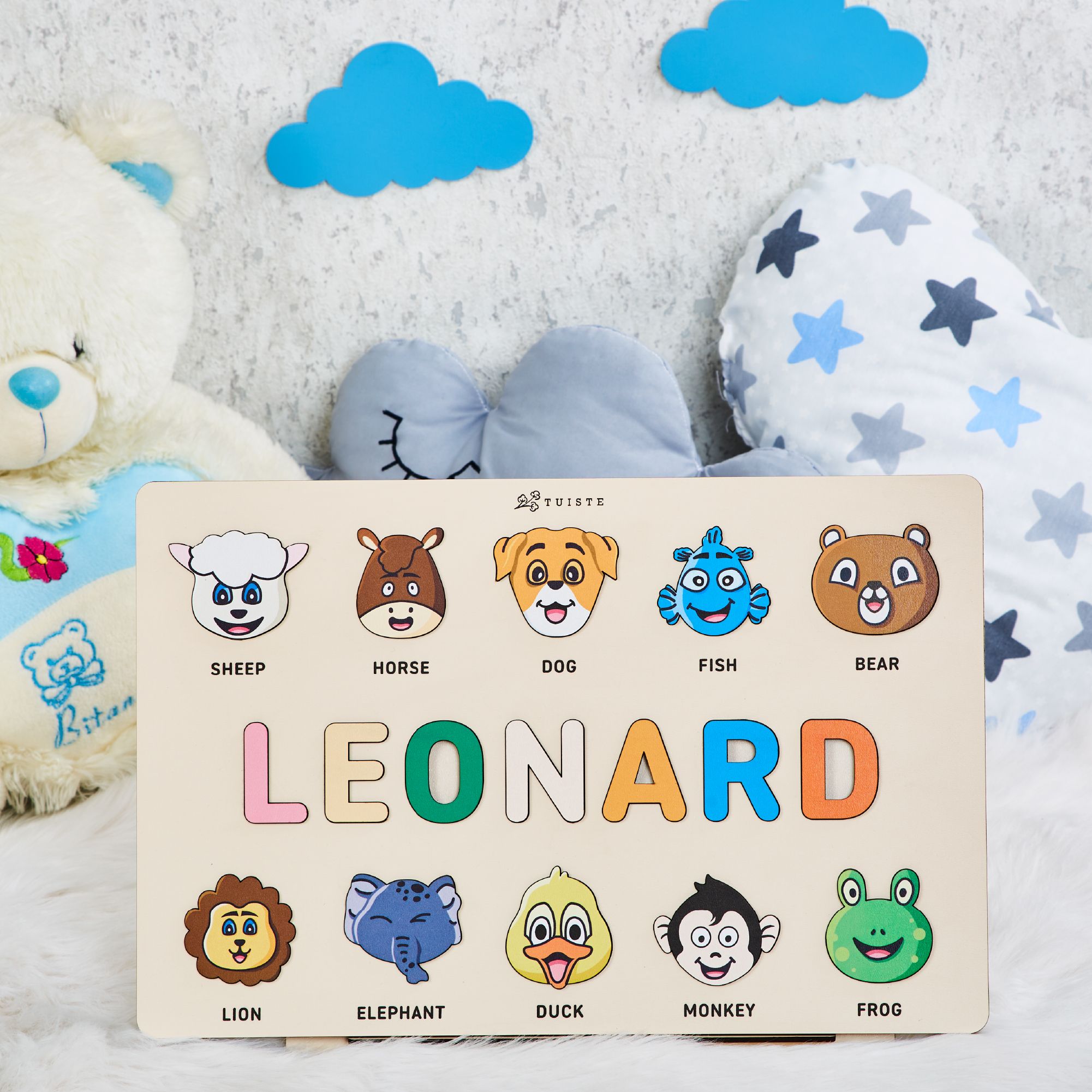 Personalized Wooden Baby Name Puzzle, First Birhtday Gift, Animals