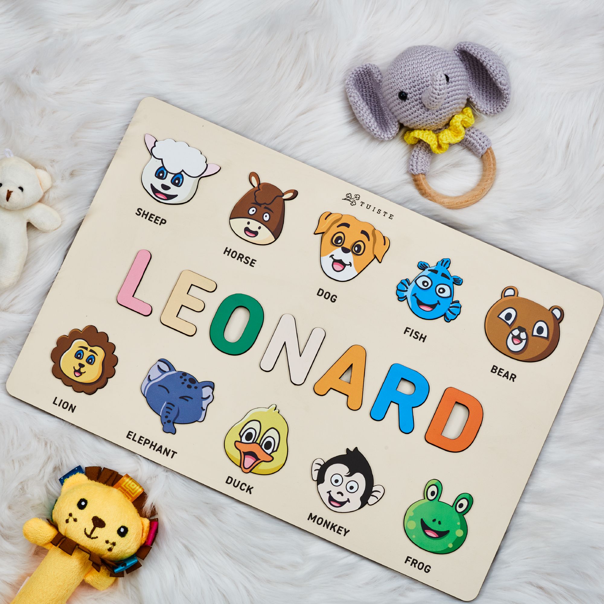 Personalized Wooden Baby Name Puzzle, First Birhtday Gift, Animals