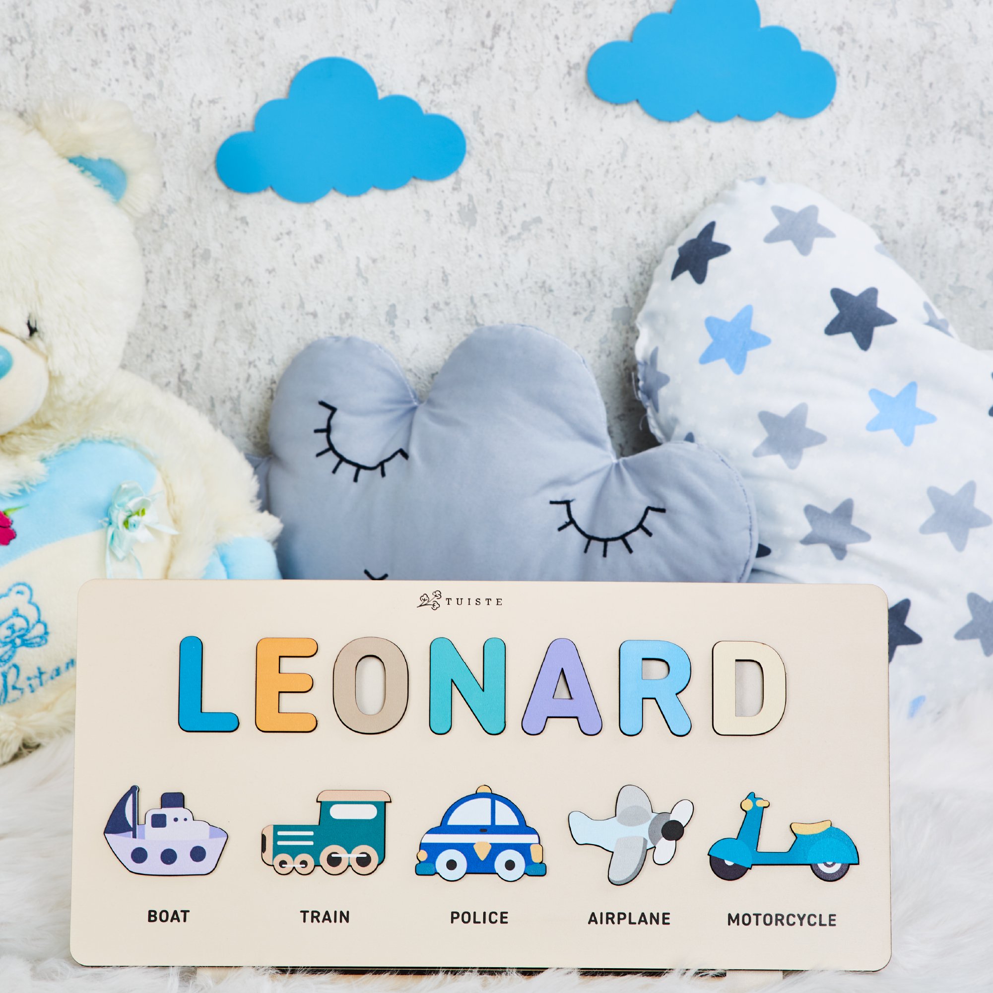 Personalized Busy Board, Baby Shower, Montessori Wooden Puzzle, Vehicles