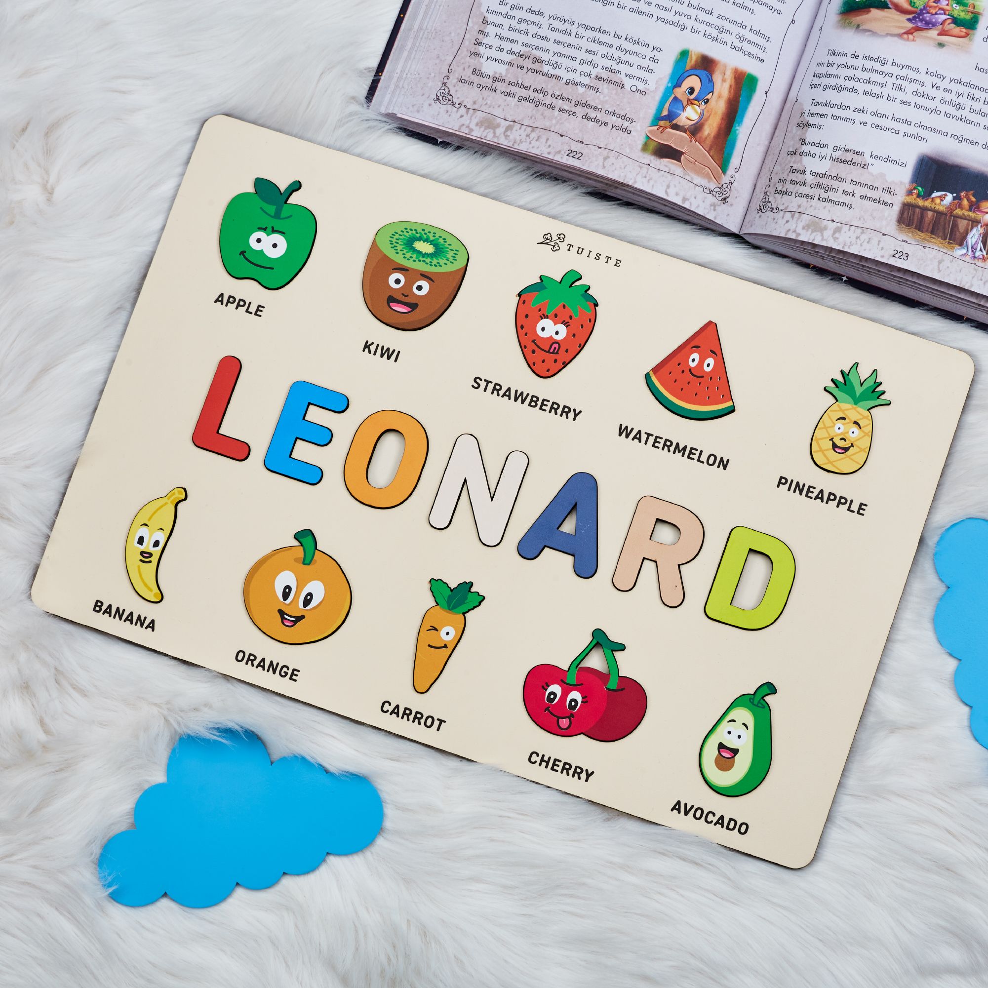 Busy Board for Baby and Toddler, Custom Kids Toys, Name Puzzle for Baby, Fruits