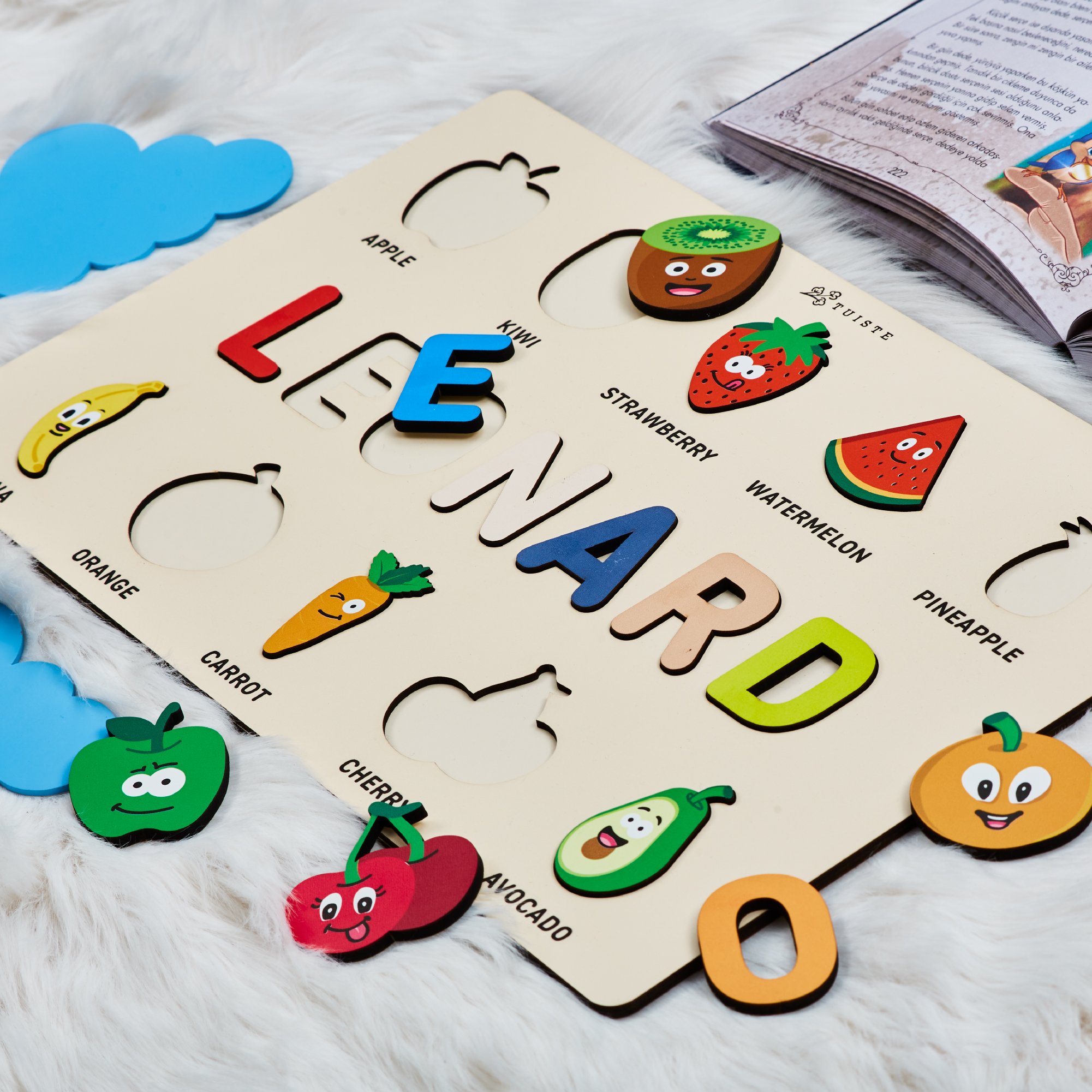 Busy Board for Baby and Toddler, Custom Kids Toys, Name Puzzle for Baby, Fruits