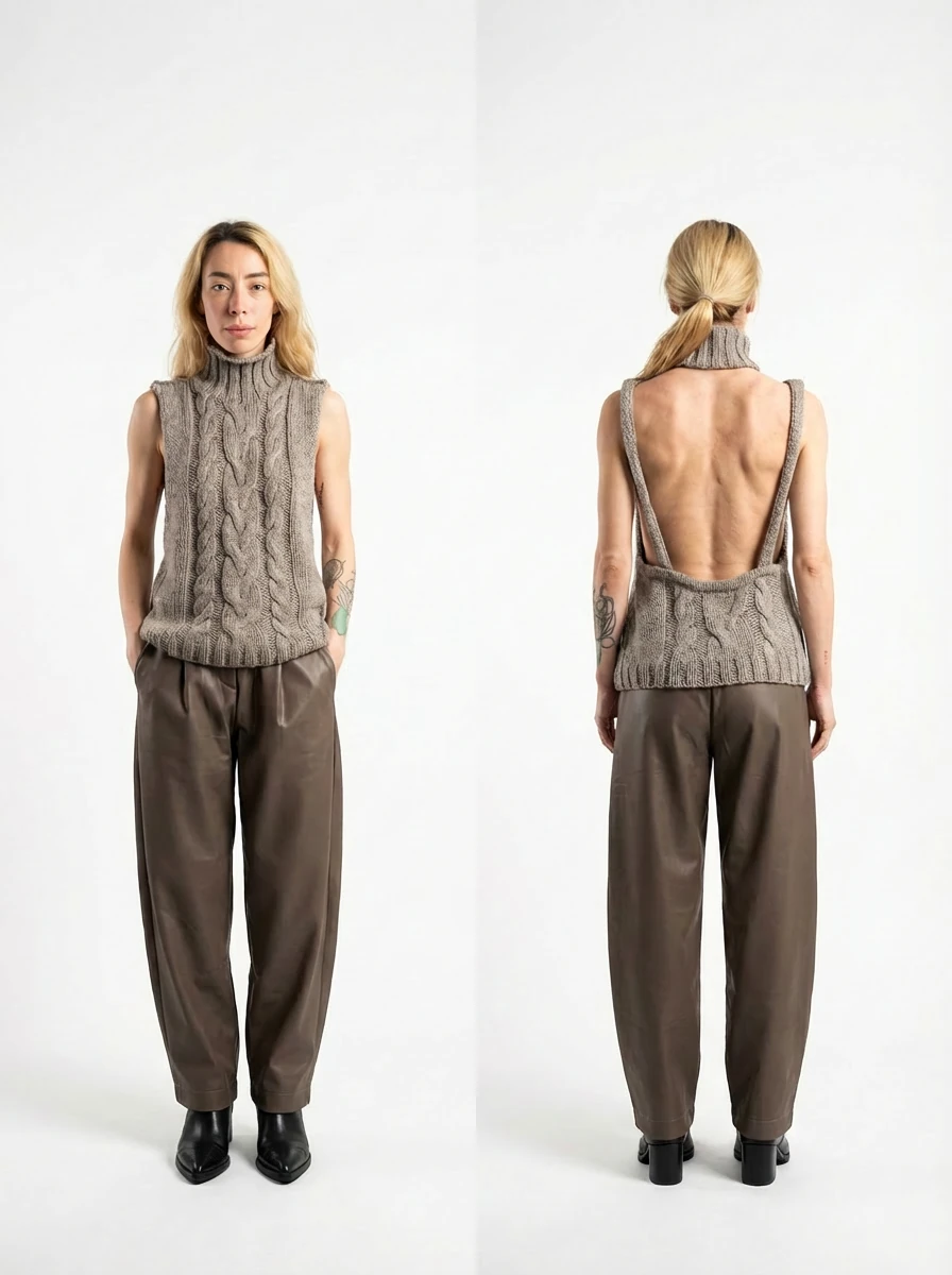 Elde Örgü Sırt Dekolteli Kazak