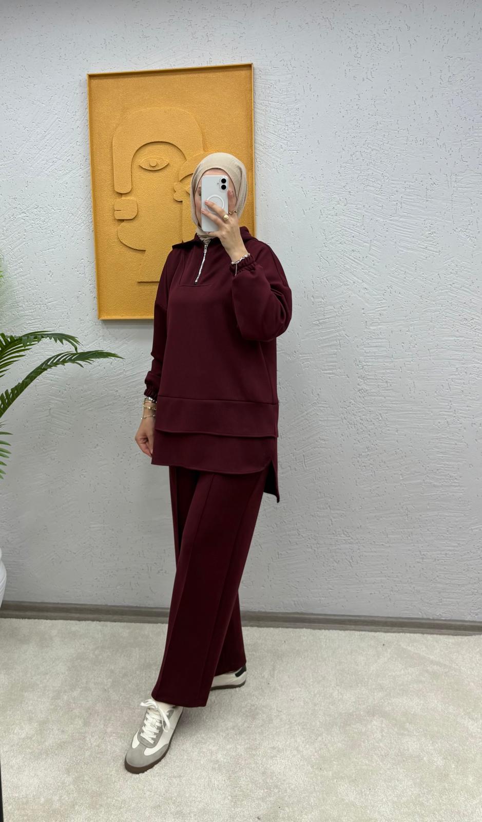 Kapşonlu Yarım Fermuarlı Modal Pantolonlu Takım