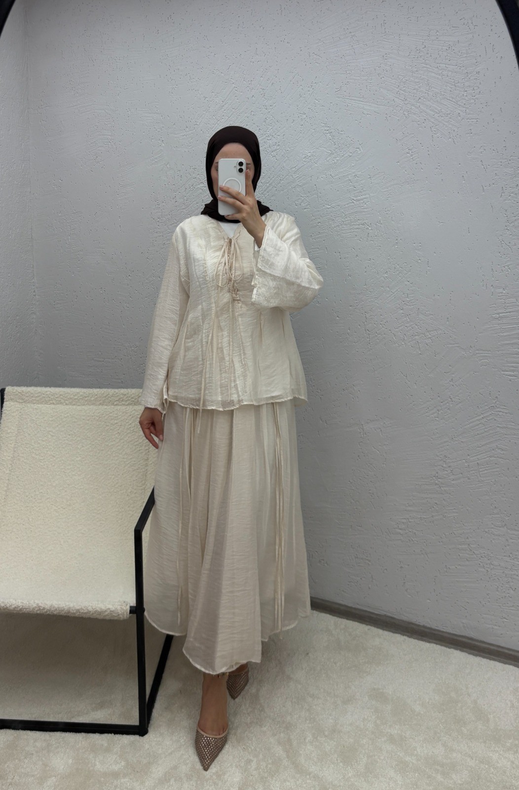 Monche Etekli Oversize Bağlamalı Takım - Bej