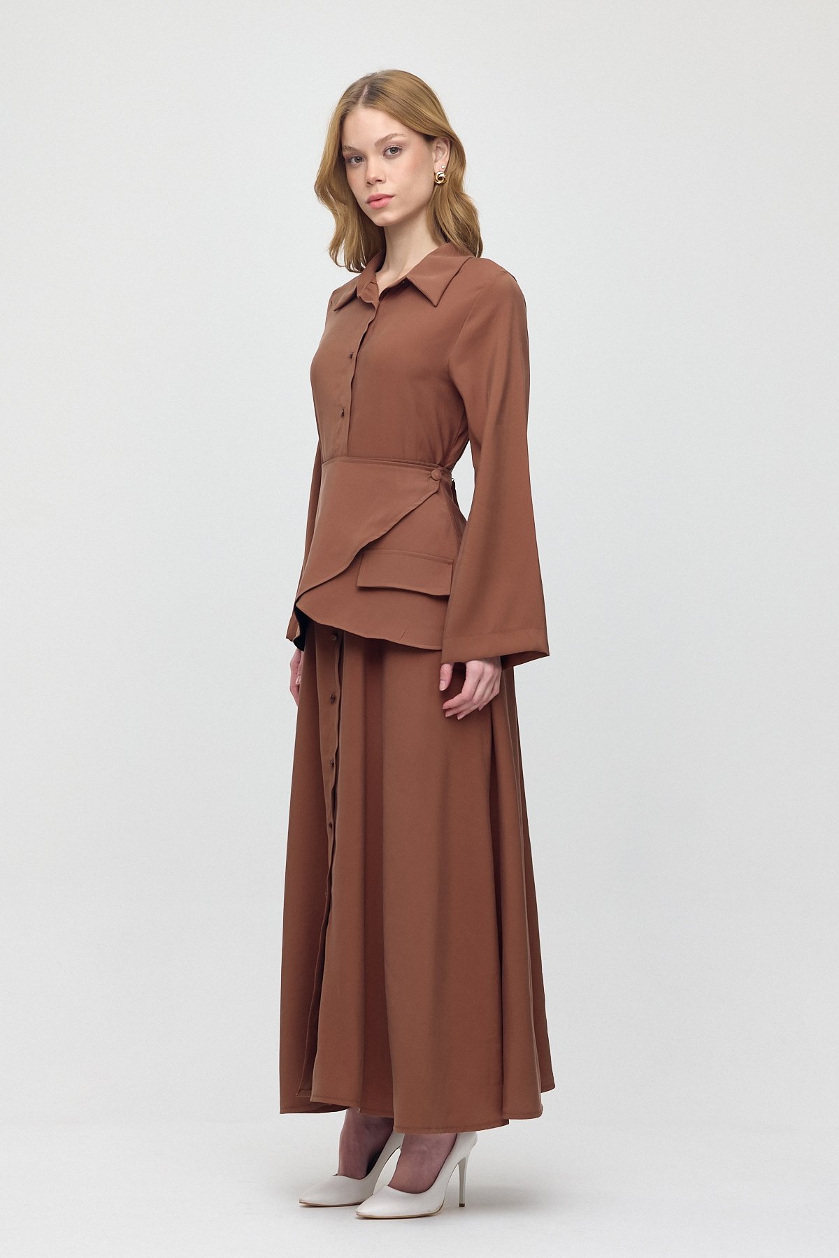 Monche Korsajlı Oversize Elbise - Kahverengi