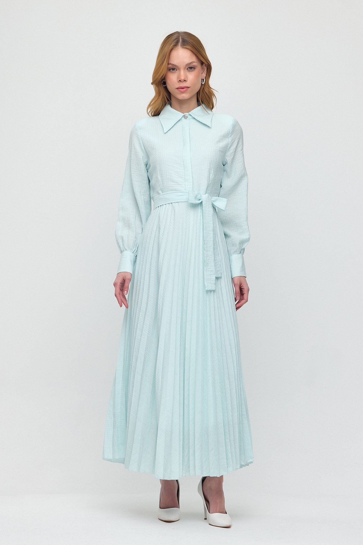 Monche Eteği Pliseli Oversize Pamuklu Elbise - Mint