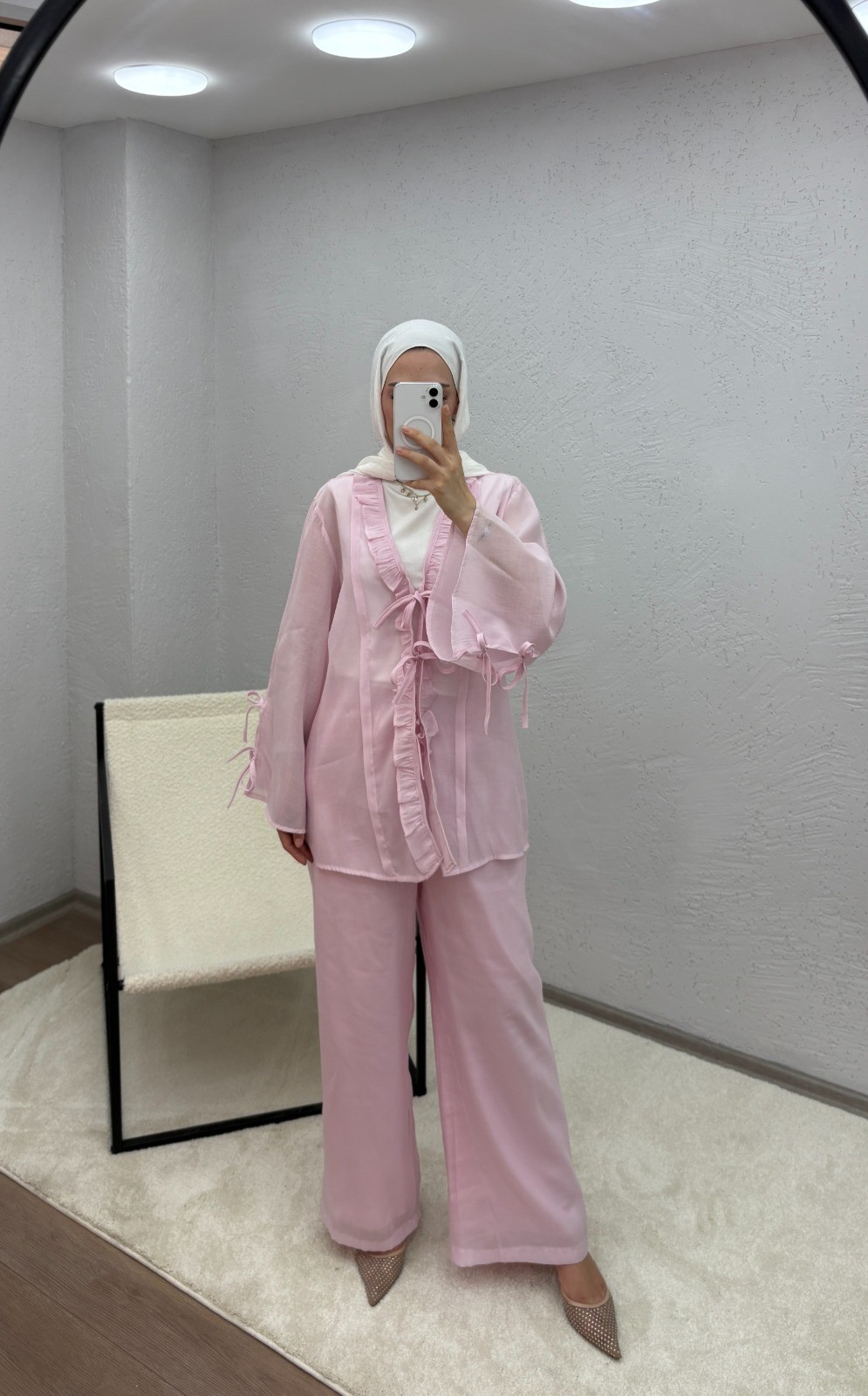 Monche Etekli Oversize Pantolonlu Takım - Pudra