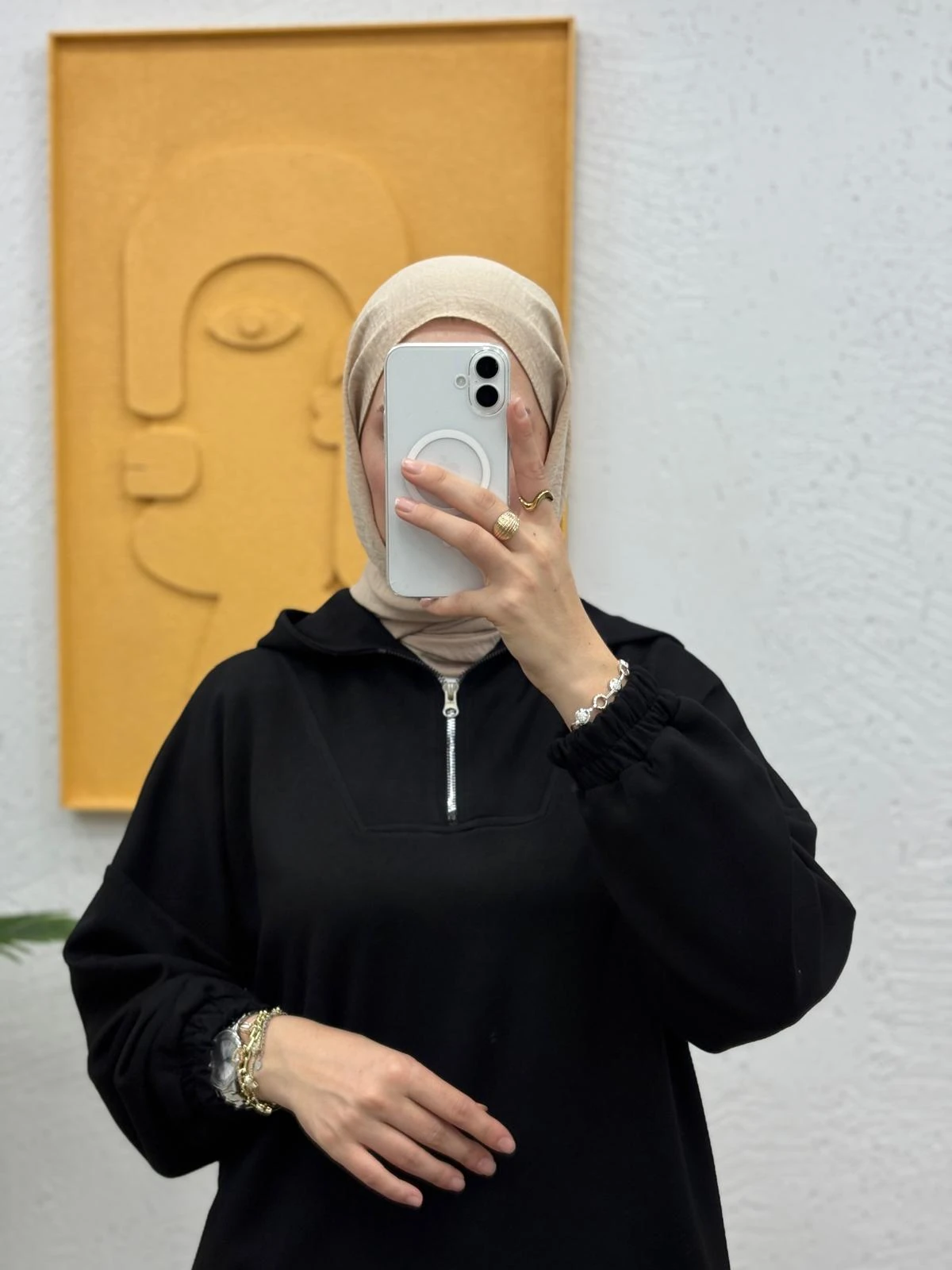 Kapşonlu Yarım Fermuarlı Modal Pantolonlu Takım - Siyah