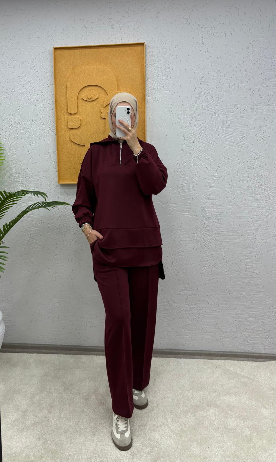 Kapşonlu Yarım Fermuarlı Modal Pantolonlu Takım