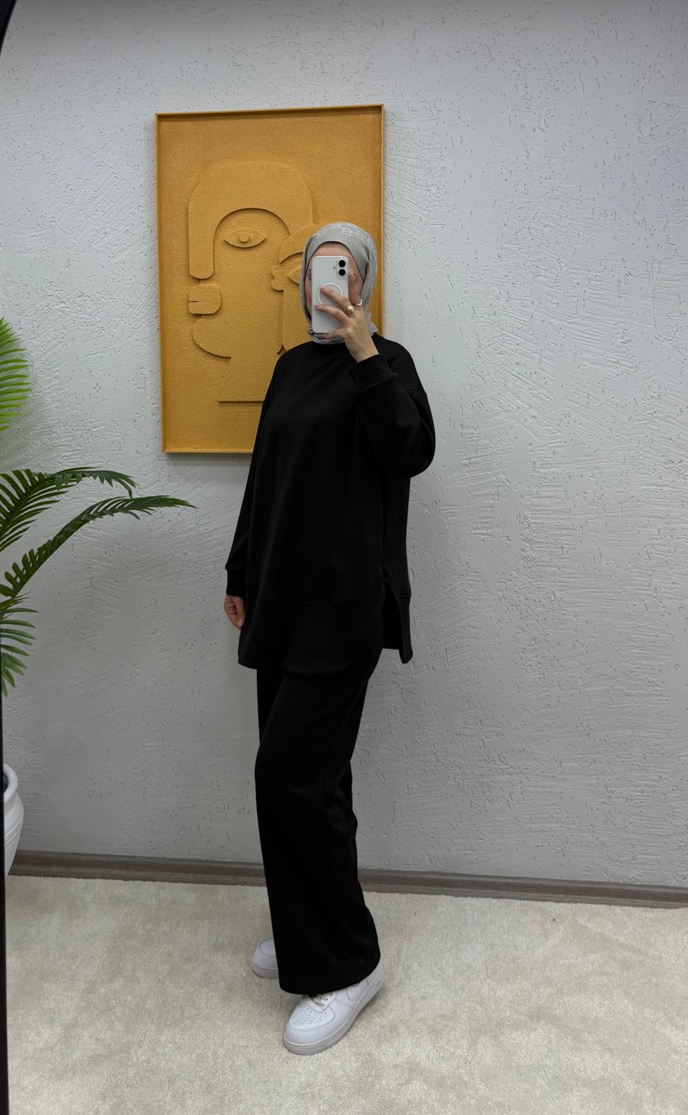 Bisiklet Yaka Oversize Pantolonlu Modal Takım - Antrasit