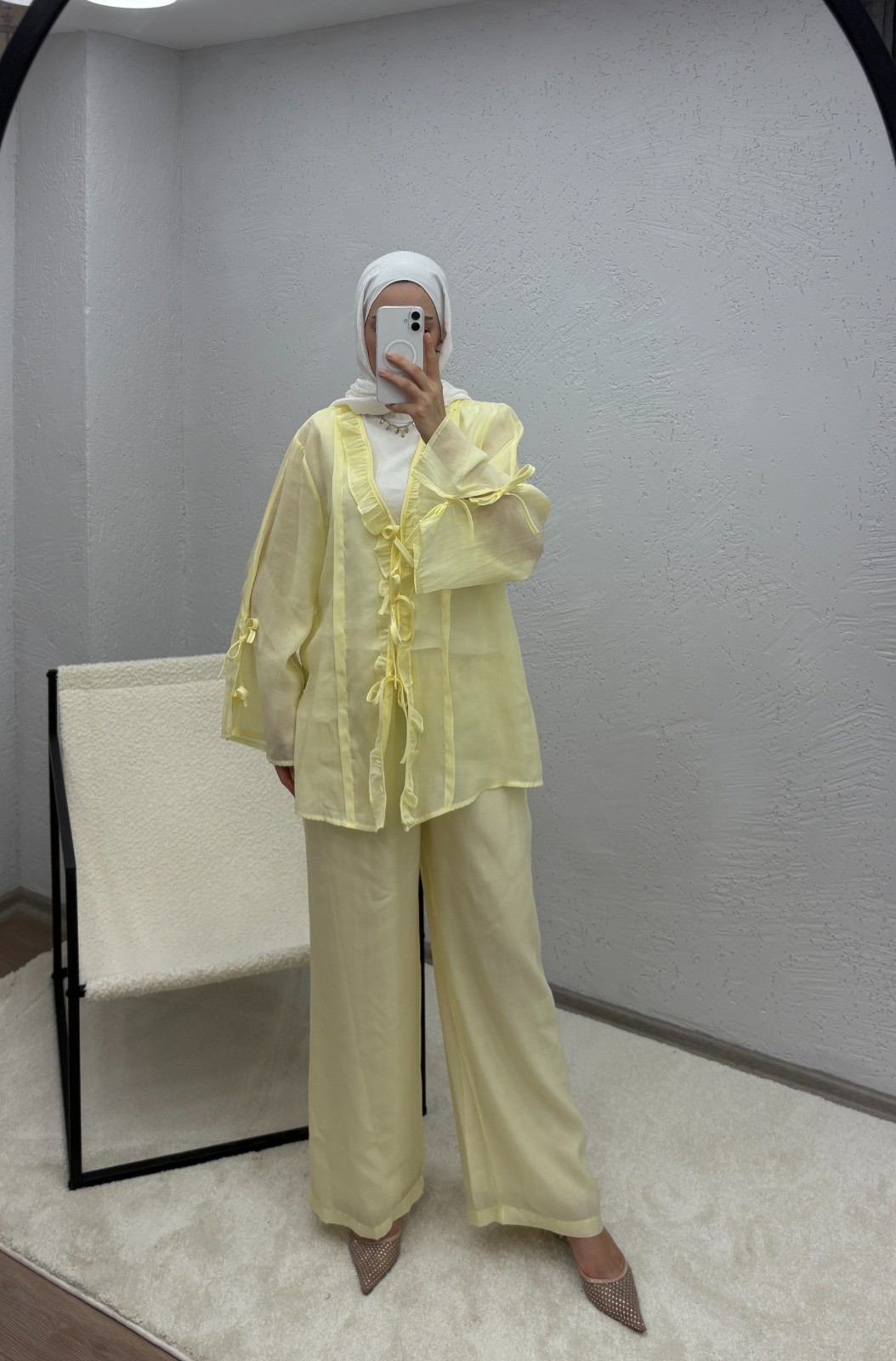 Monche Etekli Oversize Pantolonlu Takım - Sarı