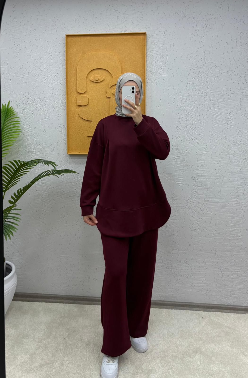 Bisiklet Yaka Oversize Pantolonlu Modal Takım - Bordo