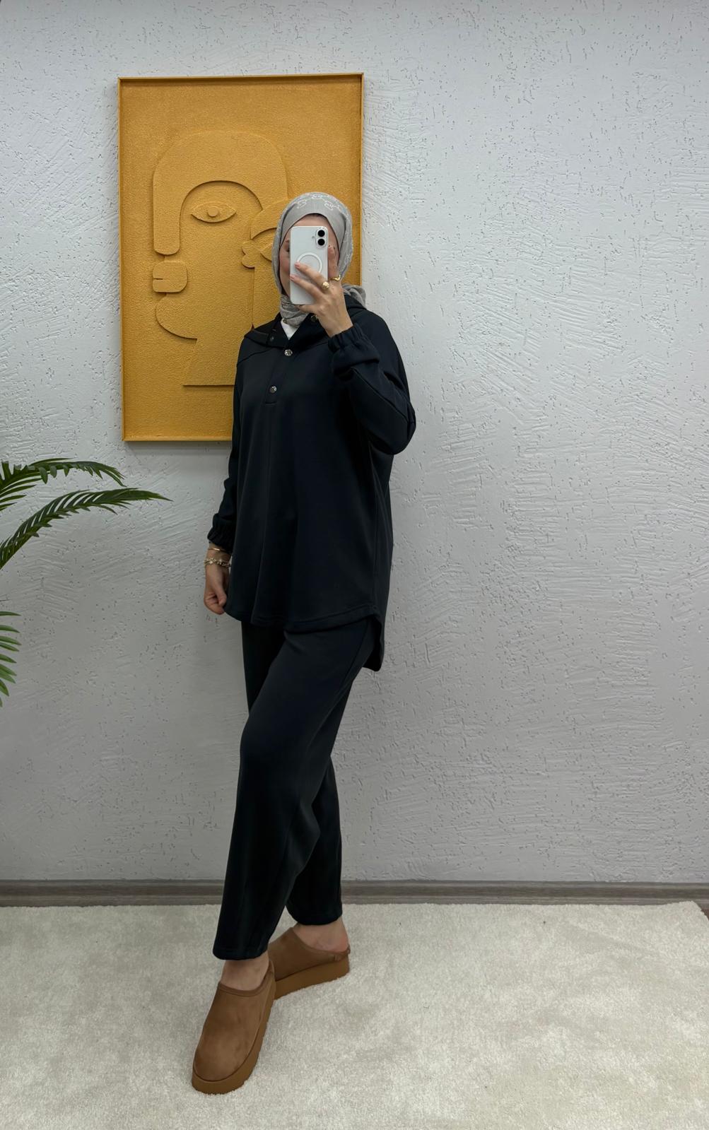 Kapşonlu Çıtçıtlı Modal Pantolonlu Takım