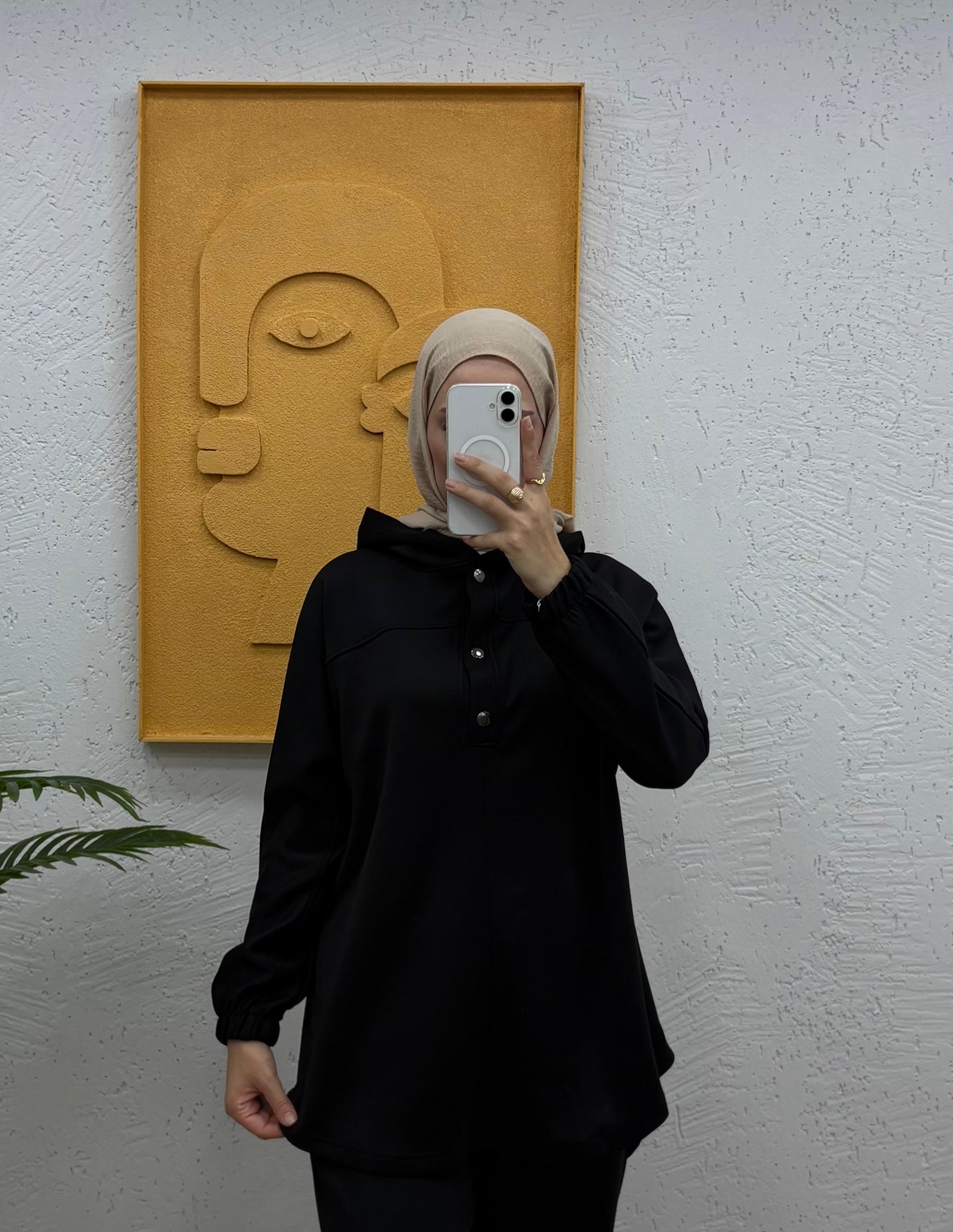 Kapşonlu Çıtçıtlı Modal Pantolonlu Takım - Siyah