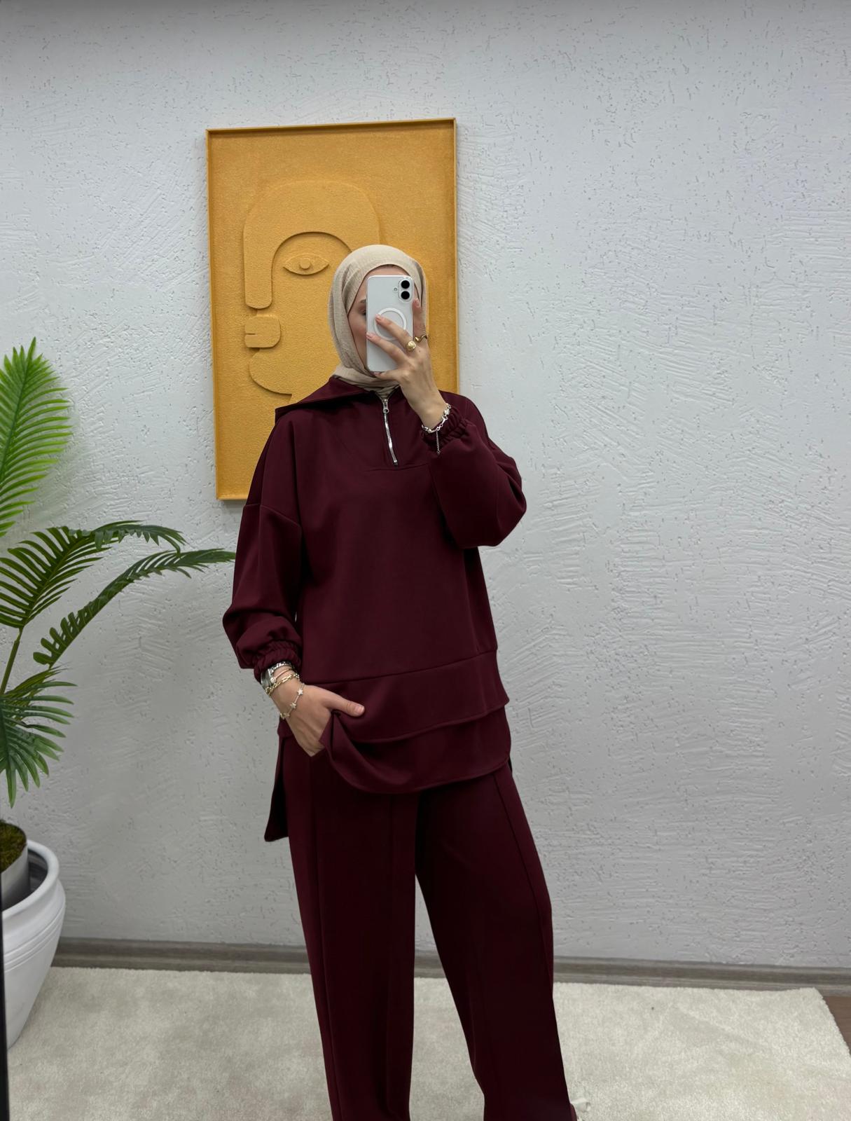 Kapşonlu Yarım Fermuarlı Modal Pantolonlu Takım - Bordo