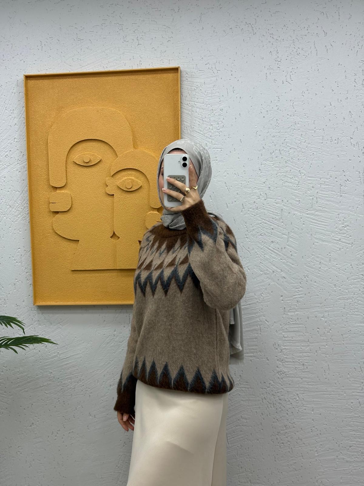 Bisiklet Yaka Desenli Şardonlu Triko Kazak