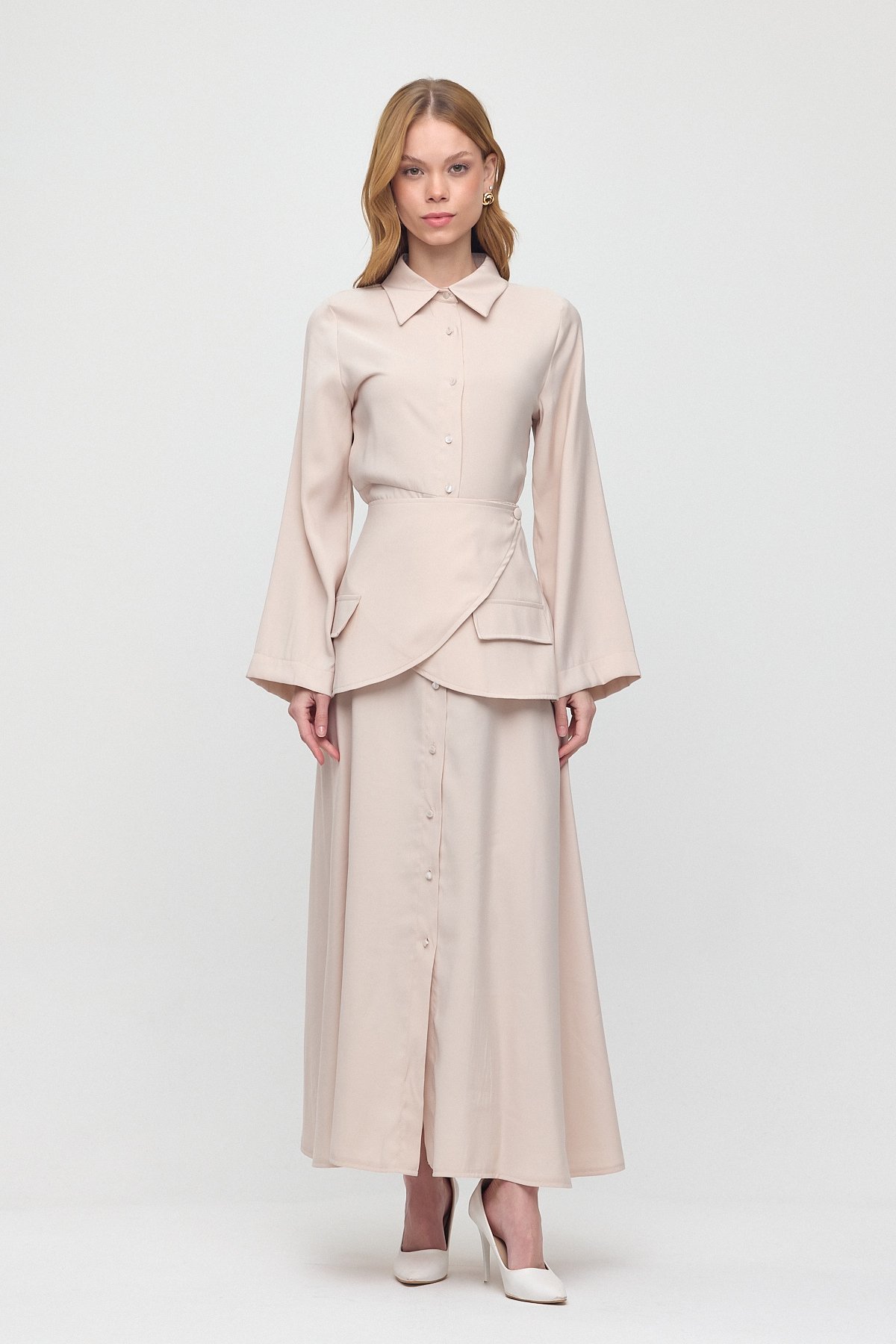 Monche Korsajlı Oversize Elbise - Bej
