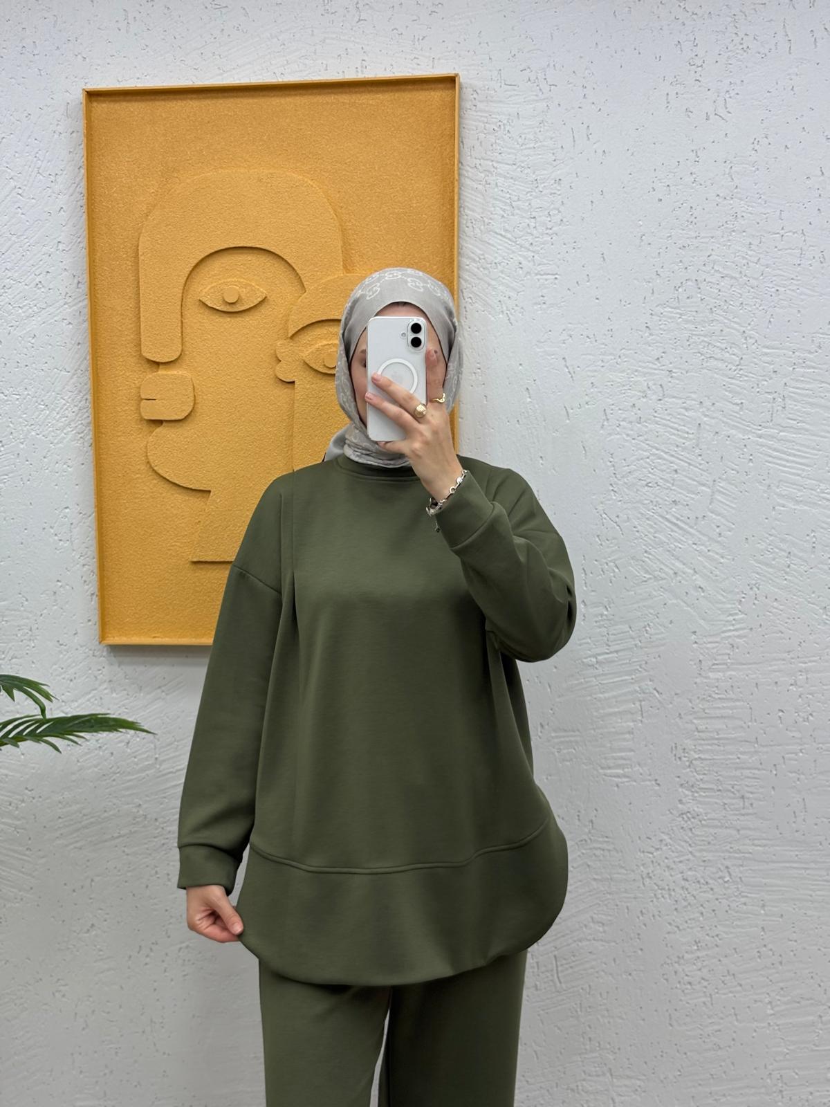 Bisiklet Yaka Oversize Pantolonlu Modal Takım - Haki
