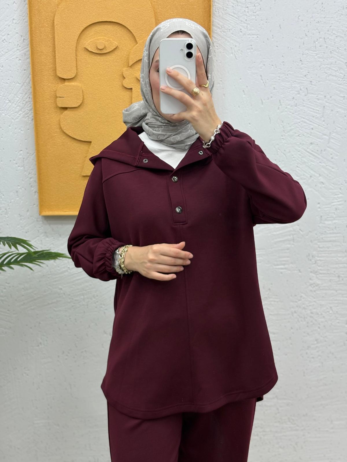 Kapşonlu Çıtçıtlı Modal Pantolonlu Takım - Bordo