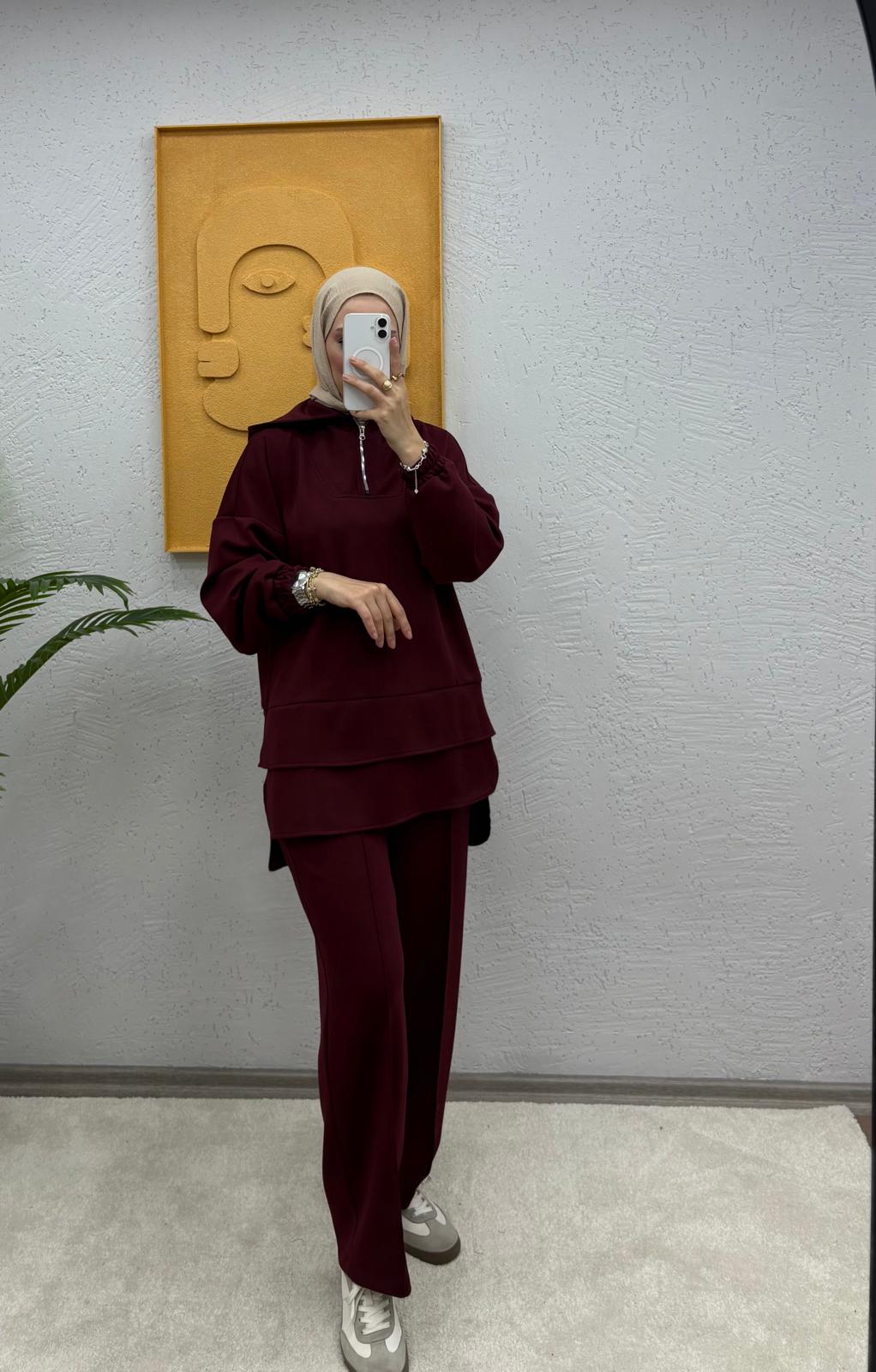 Kapşonlu Yarım Fermuarlı Modal Pantolonlu Takım