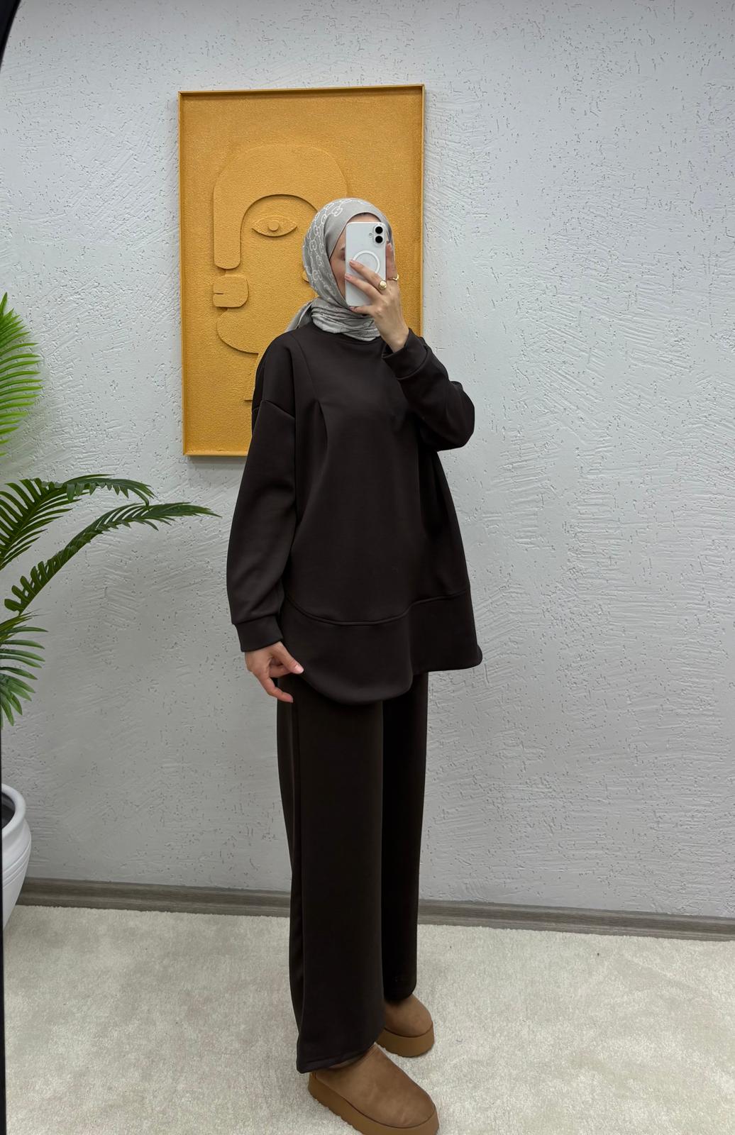 Bisiklet Yaka Oversize Pantolonlu Modal Takım - Kahverengi
