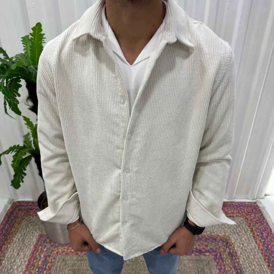Oversize Fit Krem Fitilli Kadife Gömlek Ceket
