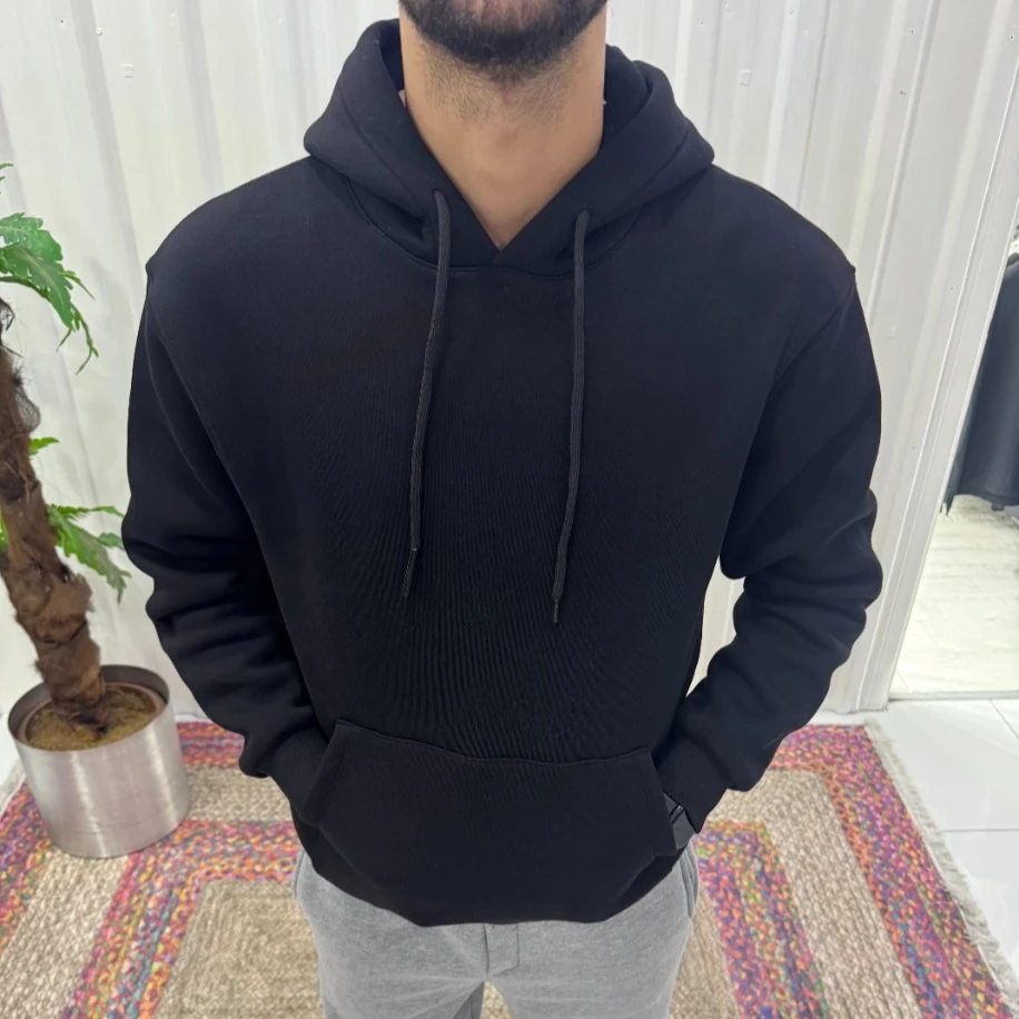Erkek Siyah Kapüşonlu Sweatshirt – Basic Rahat Fit Hoodie Modeli