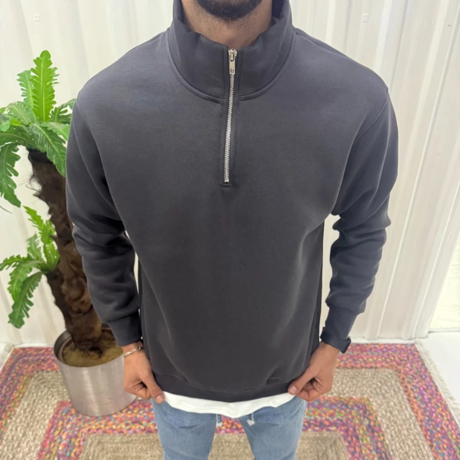 Erkek Yarım Fermuarlı Sweatshirt – Koyu Gri Rahat Fit Basic Model