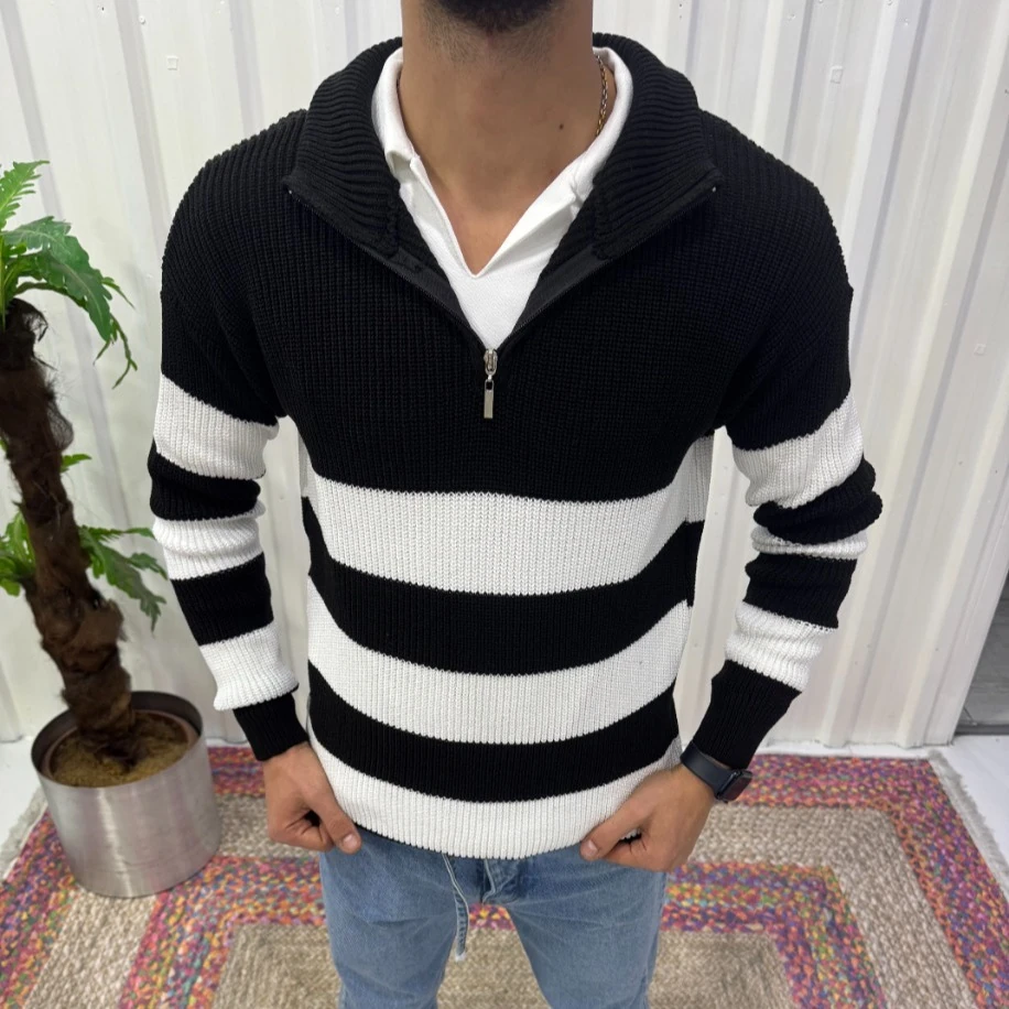 Contrast Trend: Fermuarlı Relax Fit Siyah Beyaz Çizgili Triko