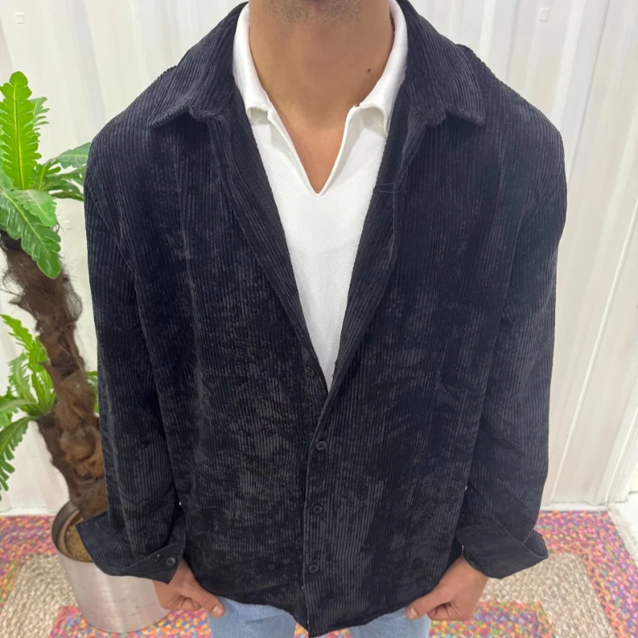 Oversize Fit Siyah Fitilli Kadife Gömlek Ceket
