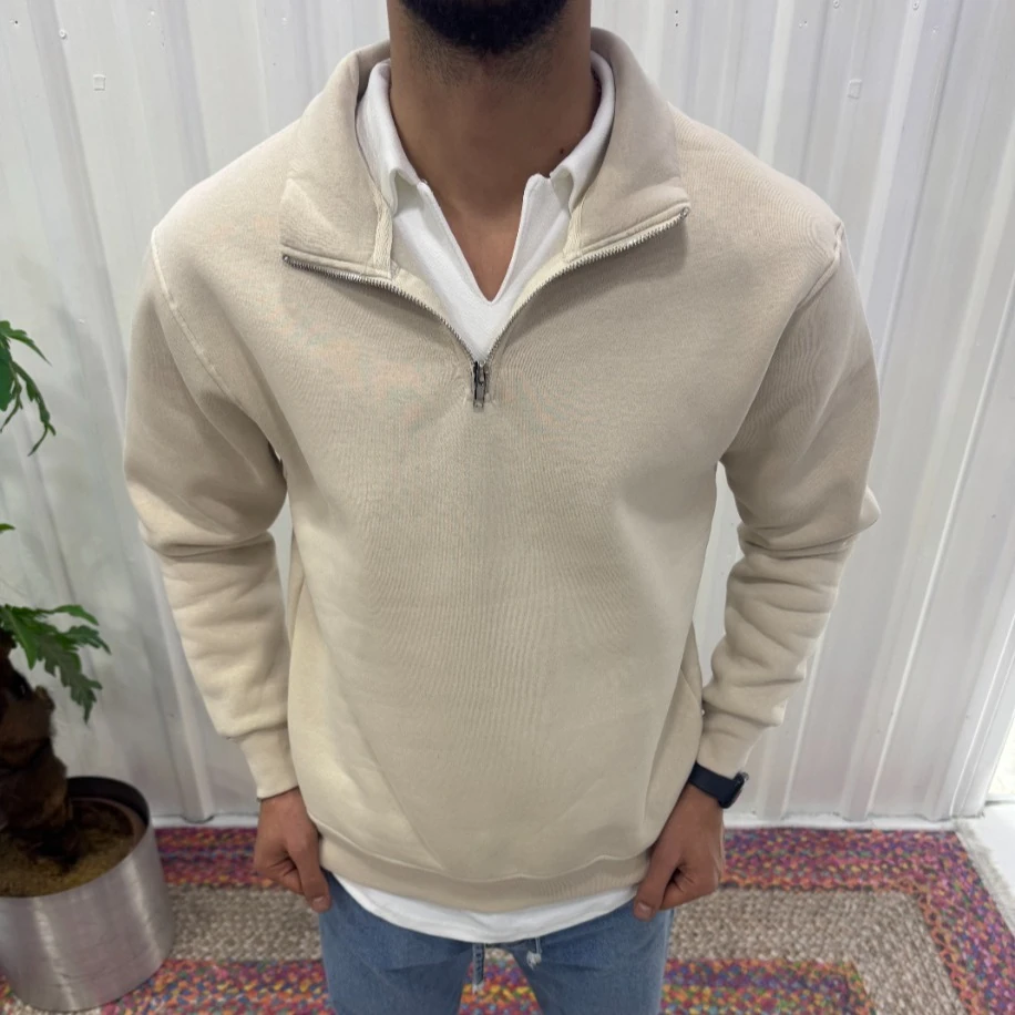 Erkek Bej Yarım Fermuarlı Sweatshirt – Basic Rahat Fit Polar Model