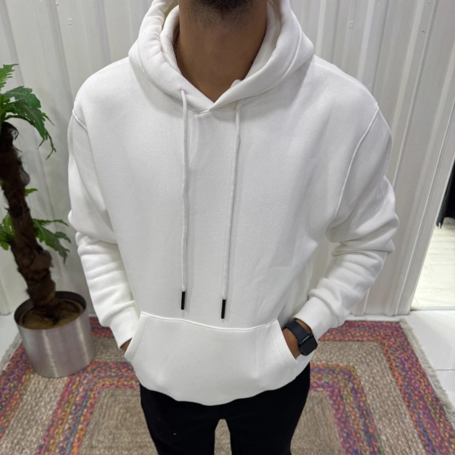 Erkek Beyaz Kapüşonlu Sweatshirt – Basic Rahat Fit Hoodie Modeli